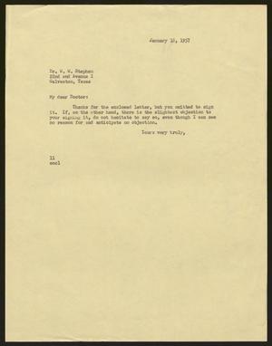 Primary view of object titled '[Letter from Isaac H. Kempner to W. W. Stephen, January 18, 1957]'.