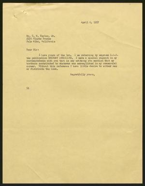 Primary view of object titled '[Letter from Isaac H. Kempner to C. W. Taylor, Jr. , April 6, 1957]'.