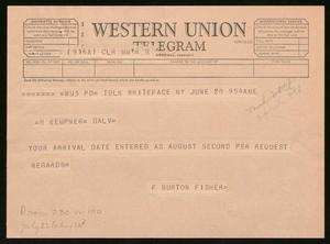 Primary view of object titled '[Telegram from F. Burton Fisher to Harris L. Kempner, June 28, 1954]'.