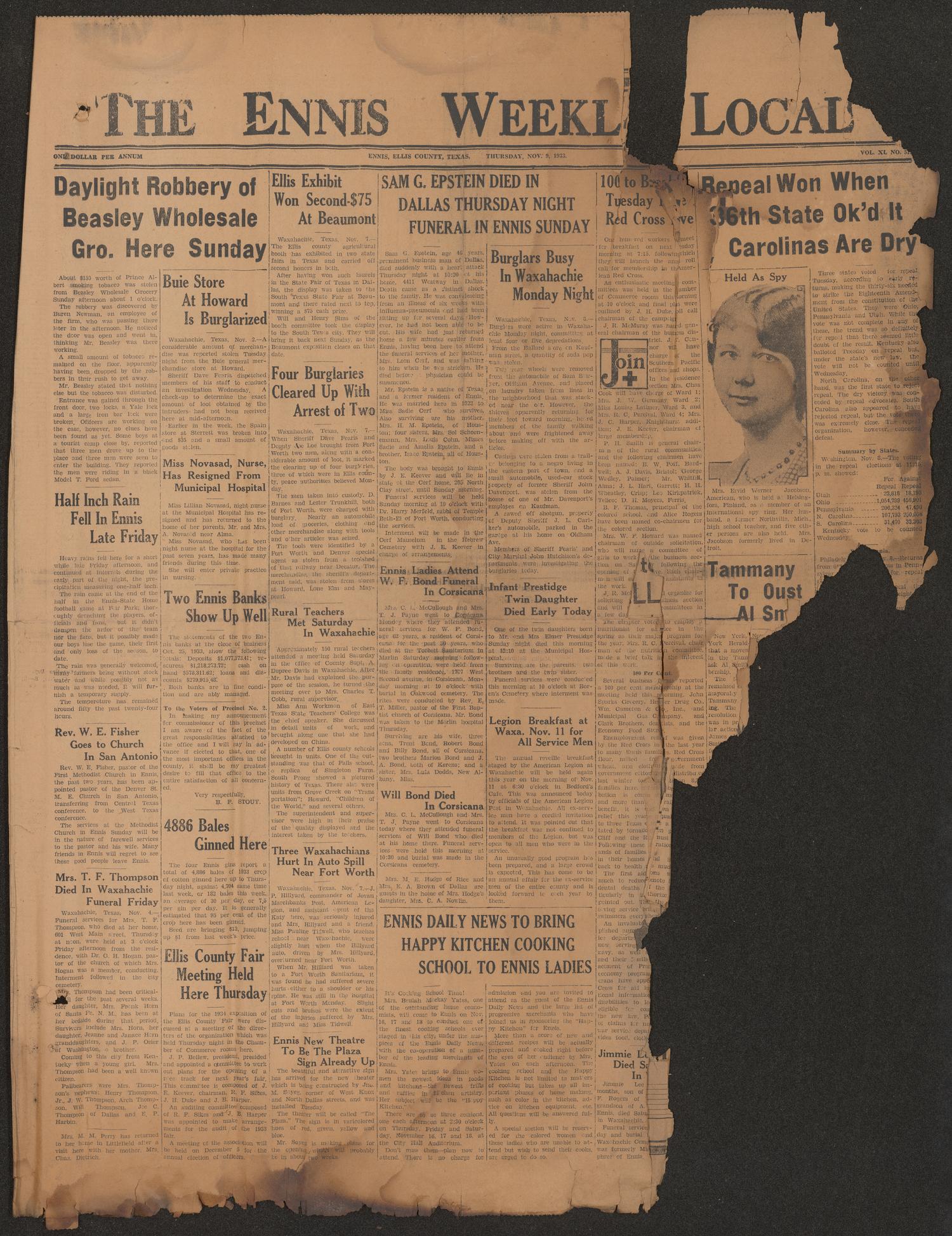 The Ennis Weekly Local (Ennis, Tex.), Vol. 40, No. 51, Ed. 1 Thursday, November 9, 1933
                                                
                                                    [Sequence #]: 1 of 6
                                                