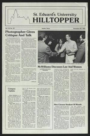 Primary view of object titled 'St. Edward's University Hilltopper (Austin, Tex.), Vol. 10, No. 10, Ed. 1 Friday, November 20, 1981'.