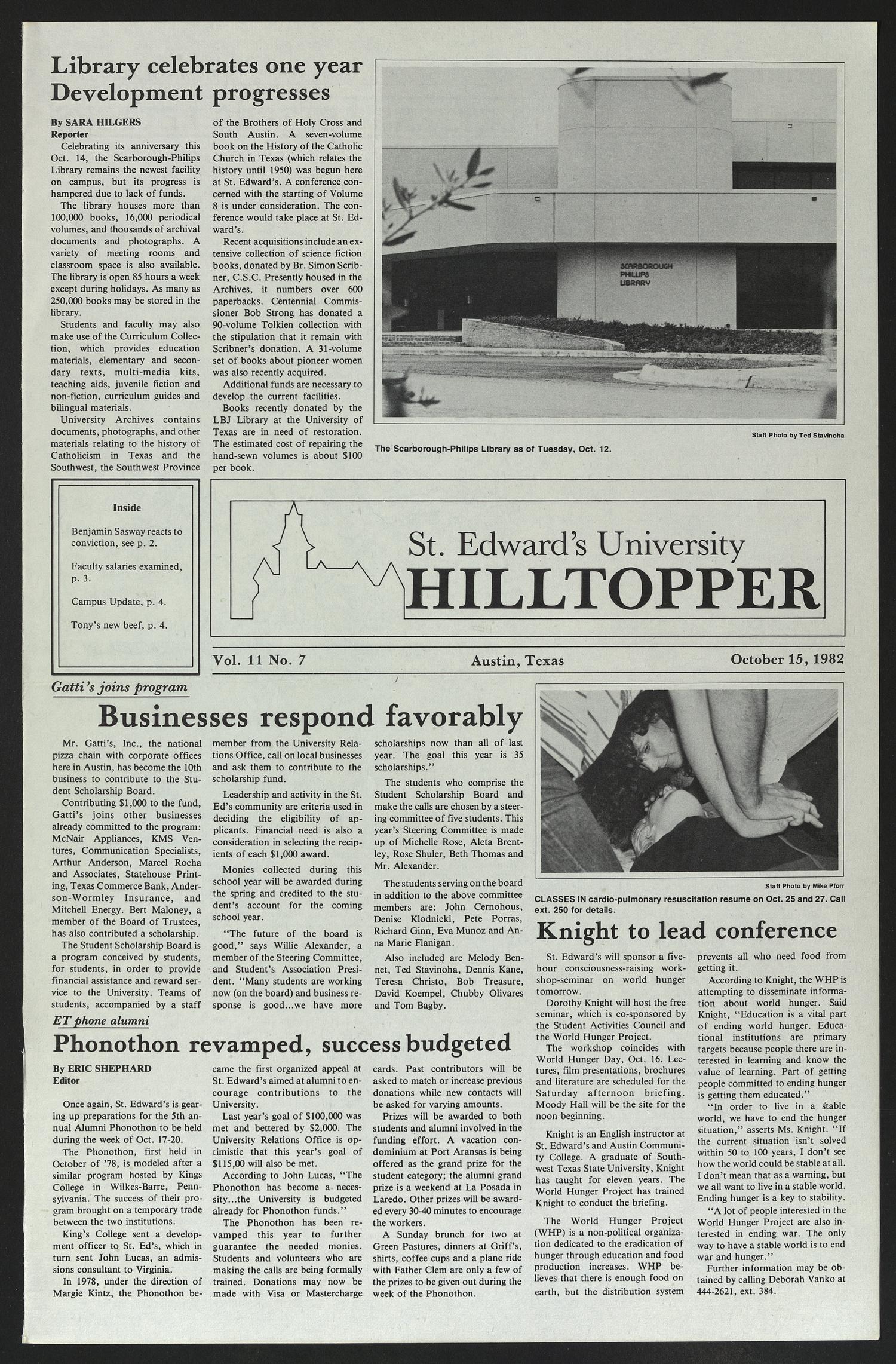 St. Edward's University Hilltopper (Austin, Tex.), Vol. 11, No. 7, Ed. 1 Friday, October 15, 1982
                                                
                                                    [Sequence #]: 1 of 6
                                                