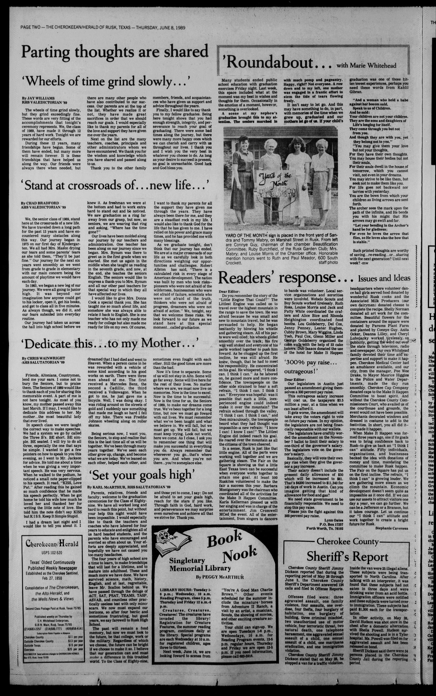 Cherokeean/Herald (Rusk, Tex.), Vol. 141, No. 18, Ed. 1 Thursday, June 8, 1989
                                                
                                                    [Sequence #]: 2 of 18
                                                