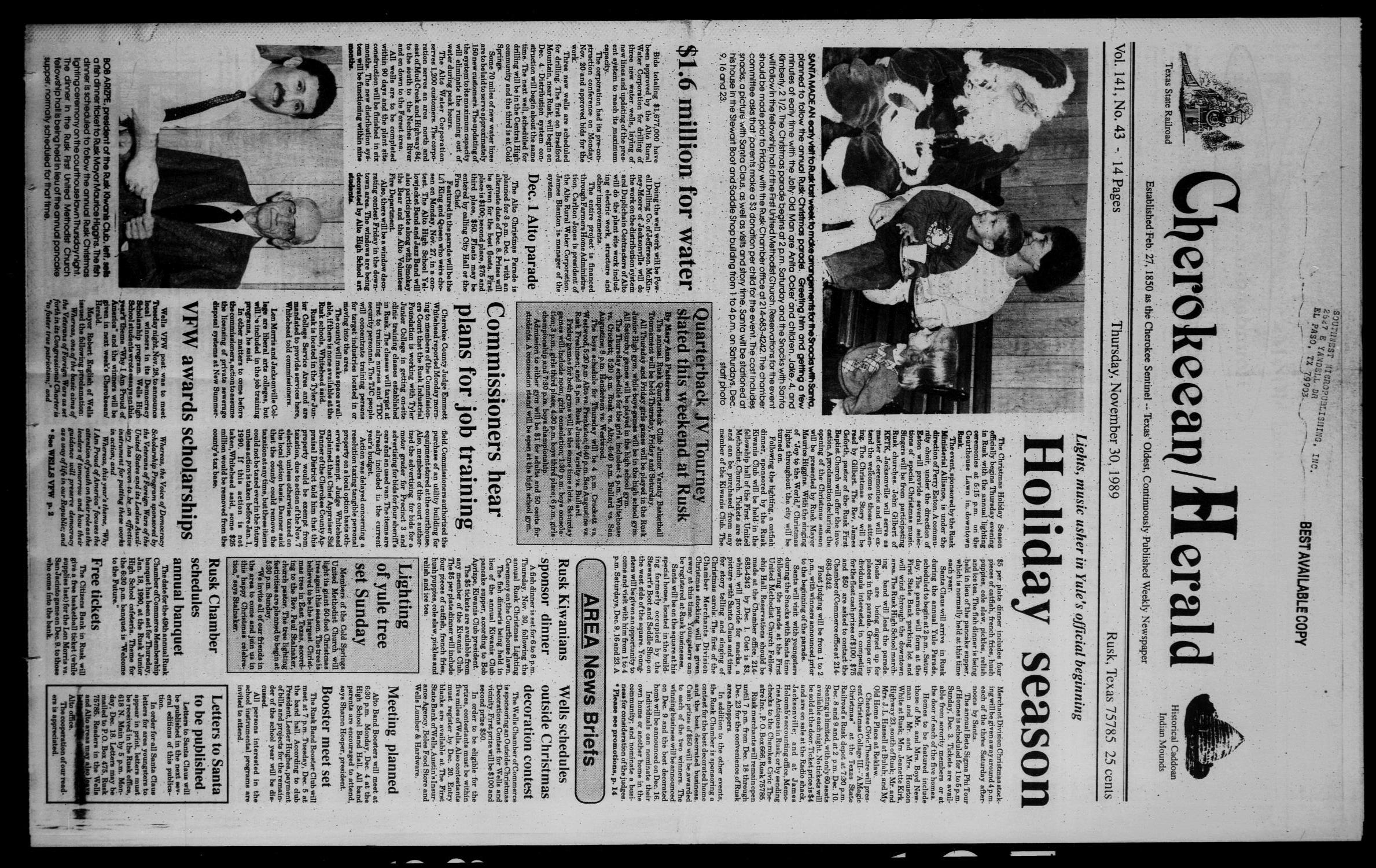 Cherokeean/Herald (Rusk, Tex.), Vol. 141, No. 43, Ed. 1 Thursday, November 30, 1989
                                                
                                                    [Sequence #]: 1 of 20
                                                