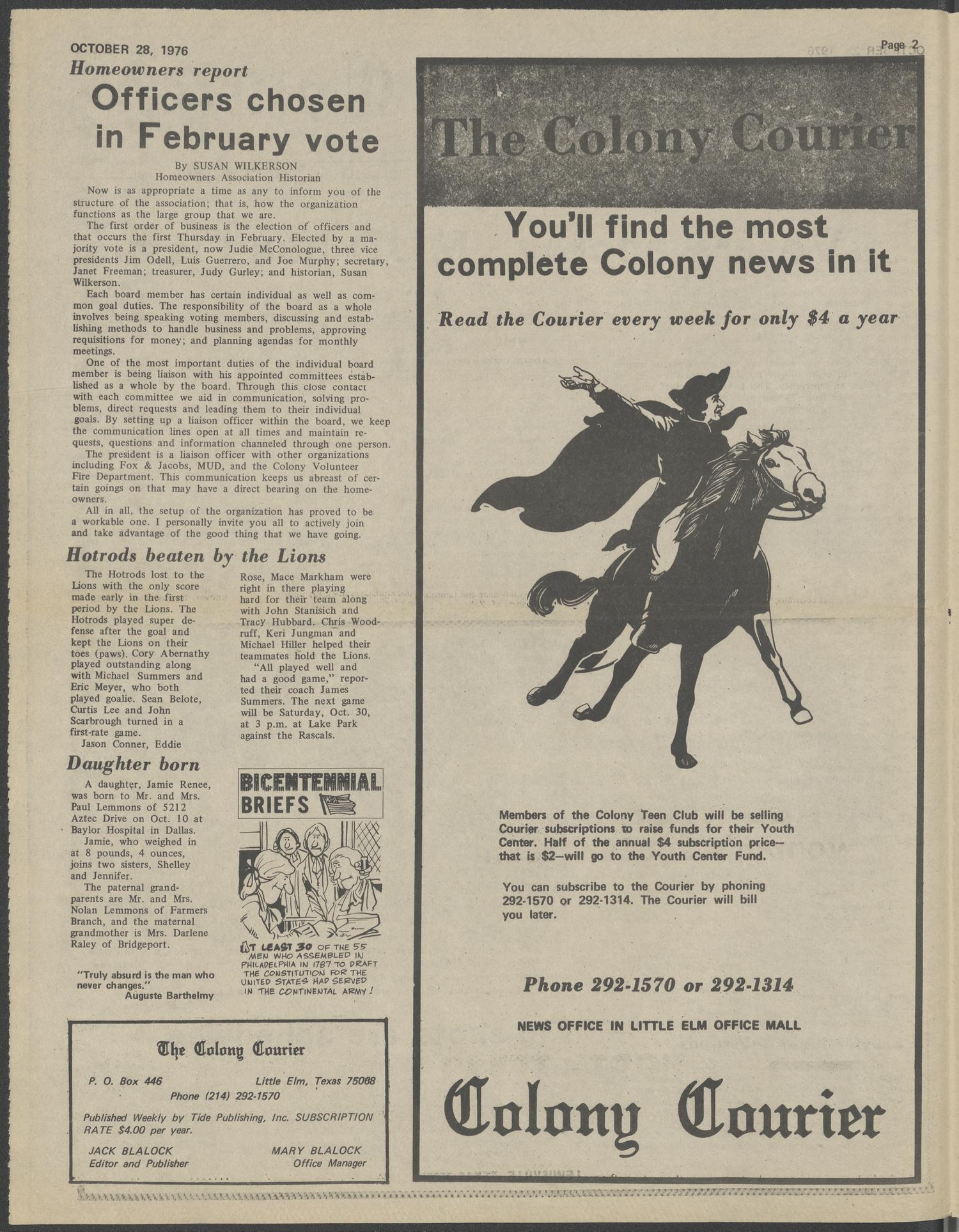 The Colony Courier (The Colony, Tex.), Vol. 1, No. 11, Ed. 1 Thursday, October 28, 1976
                                                
                                                    [Sequence #]: 2 of 12
                                                