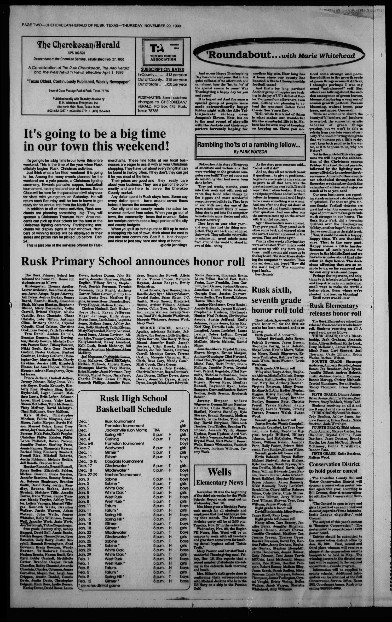 Cherokeean Herald Rusk Tex Vol 142 No 43 Ed 1 Thursday November 29 1990 Page 2 Of 28 The Portal To Texas History