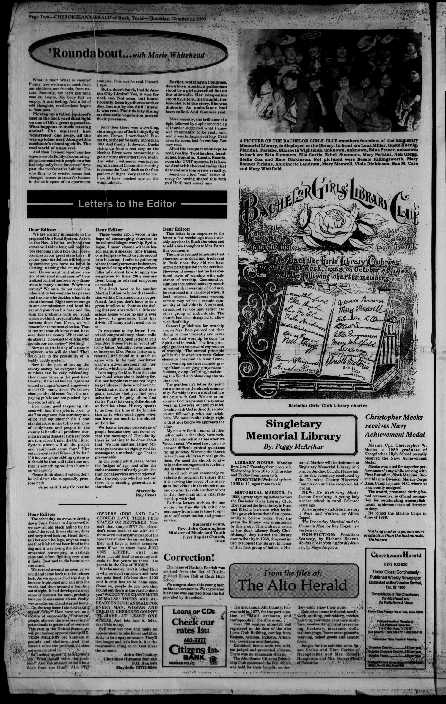 Cherokeean/Herald (Rusk, Tex.), Vol. 145, No. 38, Ed. 1 Thursday, October 21, 1993
                                                
                                                    [Sequence #]: 2 of 20
                                                