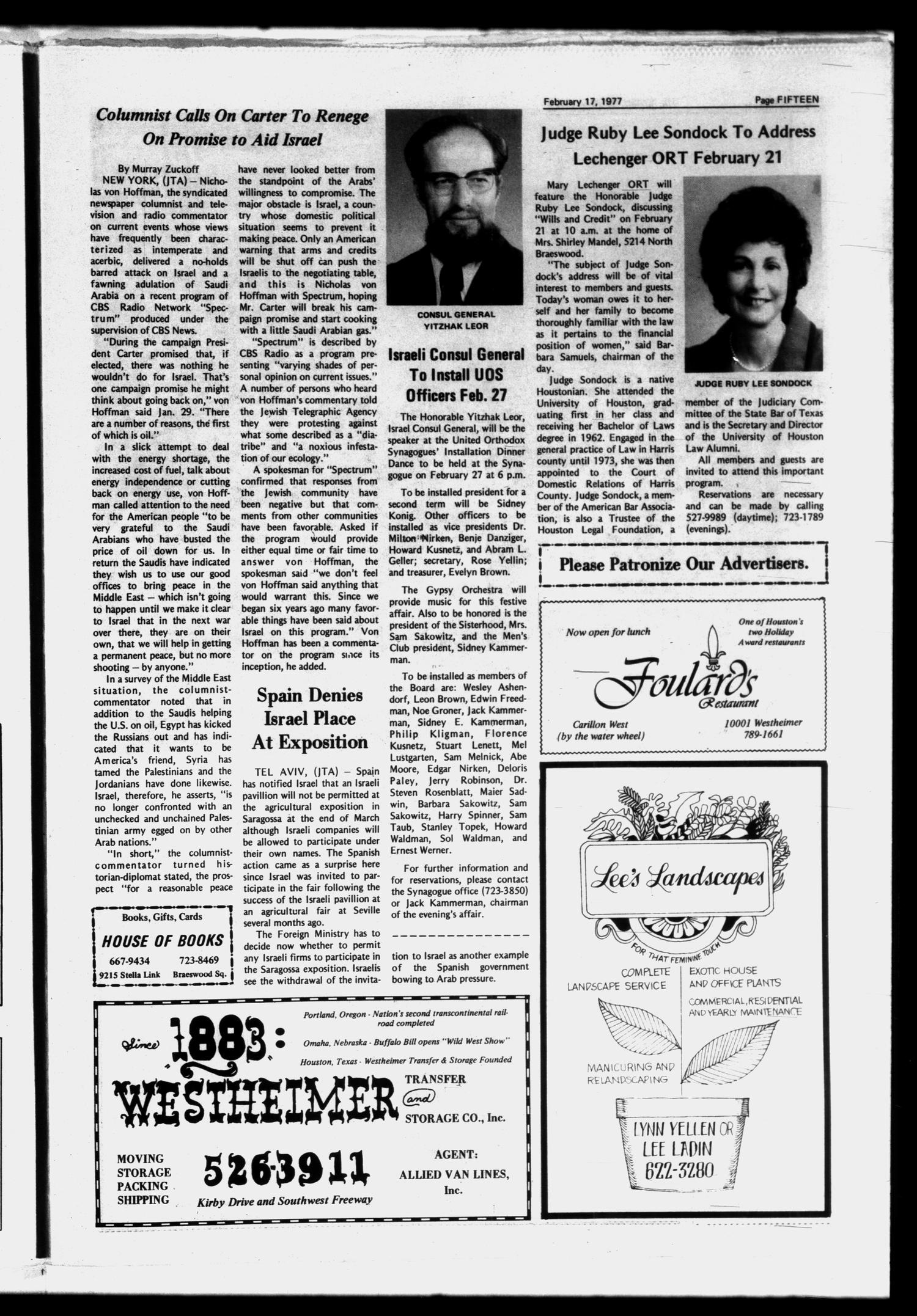 Jewish Herald-Voice (Houston, Tex.), Vol. 68, No. 47, Ed. 1 Thursday, February 17, 1977
                                                
                                                    [Sequence #]: 15 of 43
                                                