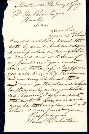 [Letter from Samuel Puleston to William M. Rice - May 27, 1867]