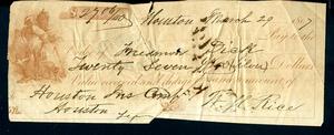 Primary view of object titled '[Check from William M. Rice to Houston Insurance Company - March 29, 1867]'.
