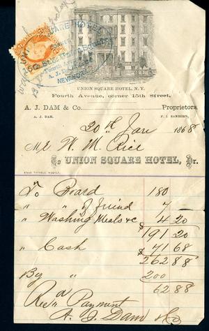 [Bill for Charges at Union Square Hotel - January 30, 1868]