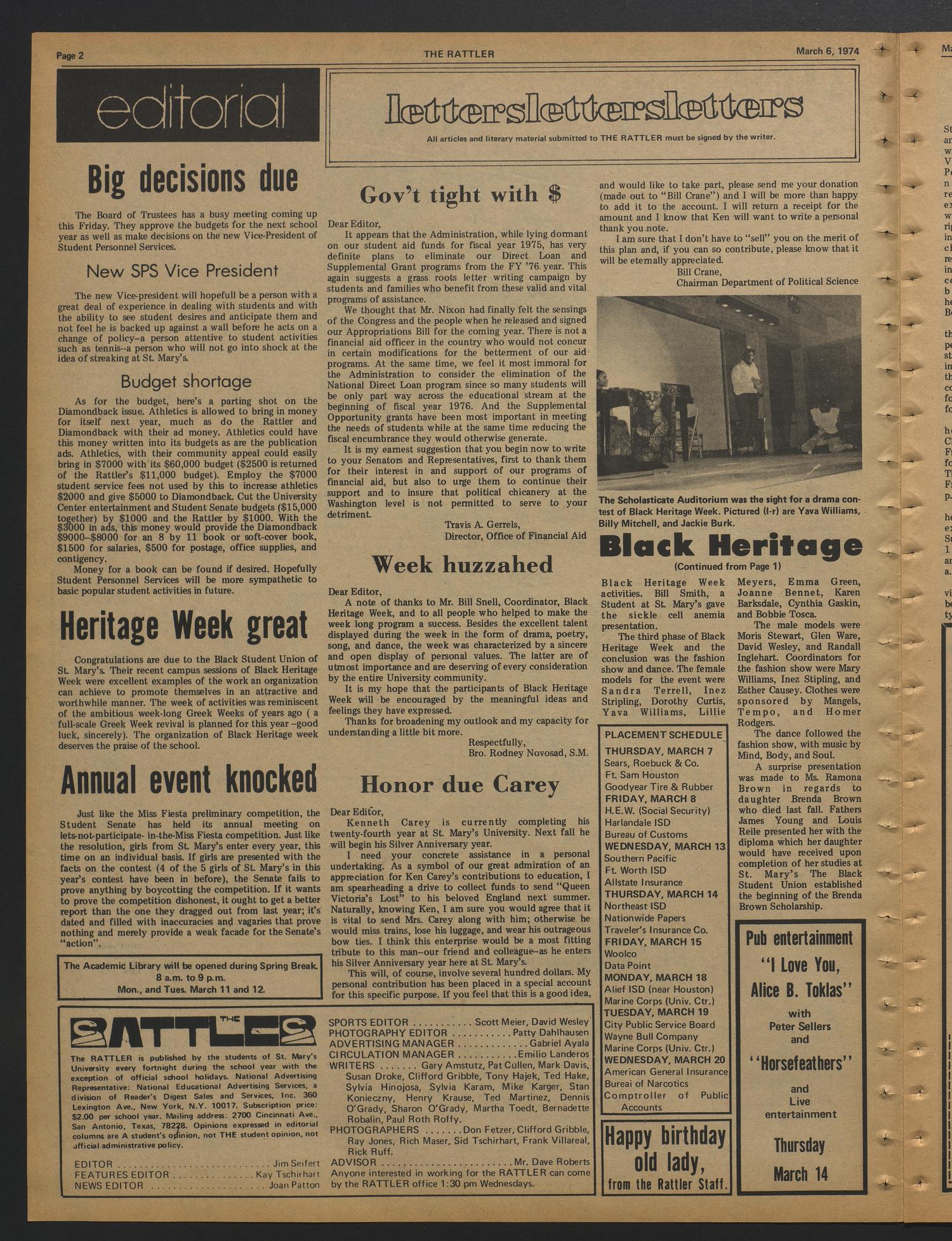 The Rattler (San Antonio, Tex.), Vol. 58, No. 11, Ed. 1 Wednesday, March 6, 1974
                                                
                                                    [Sequence #]: 2 of 8
                                                