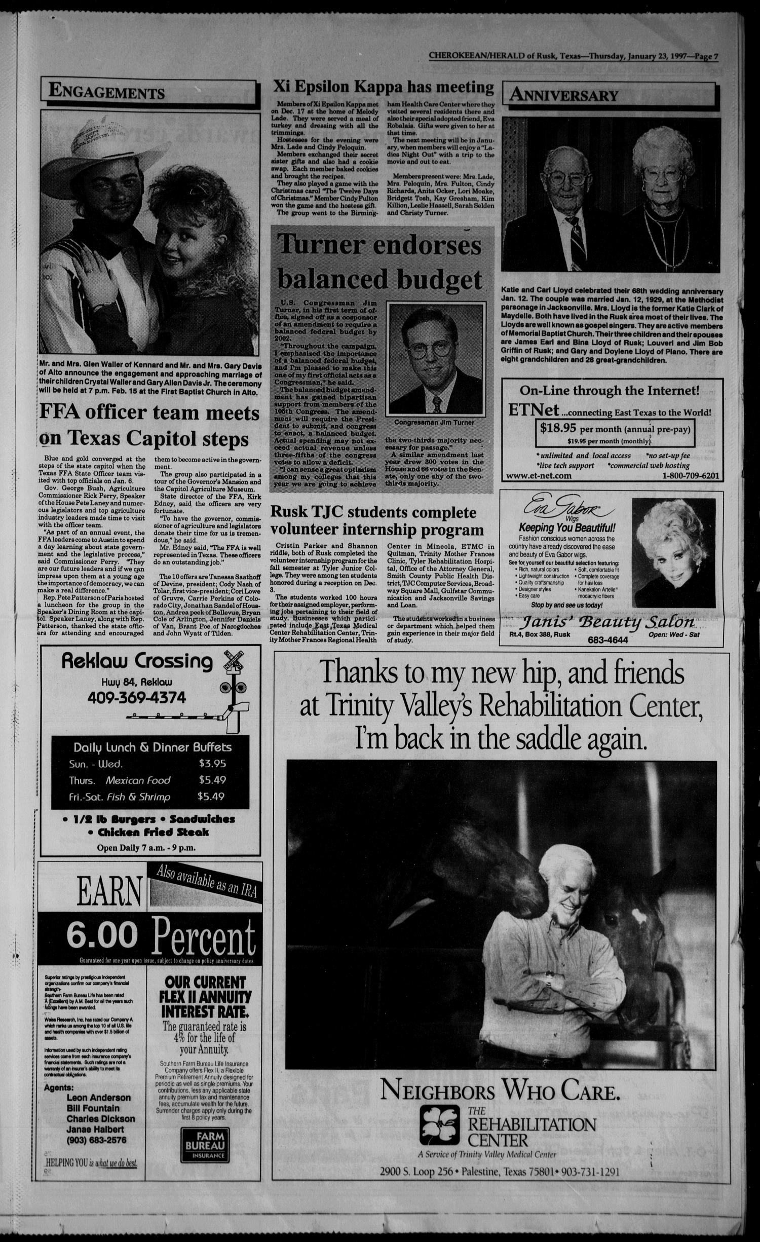 Cherokeean/Herald (Rusk, Tex.), Vol. 148, No. 52, Ed. 1 Thursday, January 23, 1997
                                                
                                                    [Sequence #]: 7 of 14
                                                
