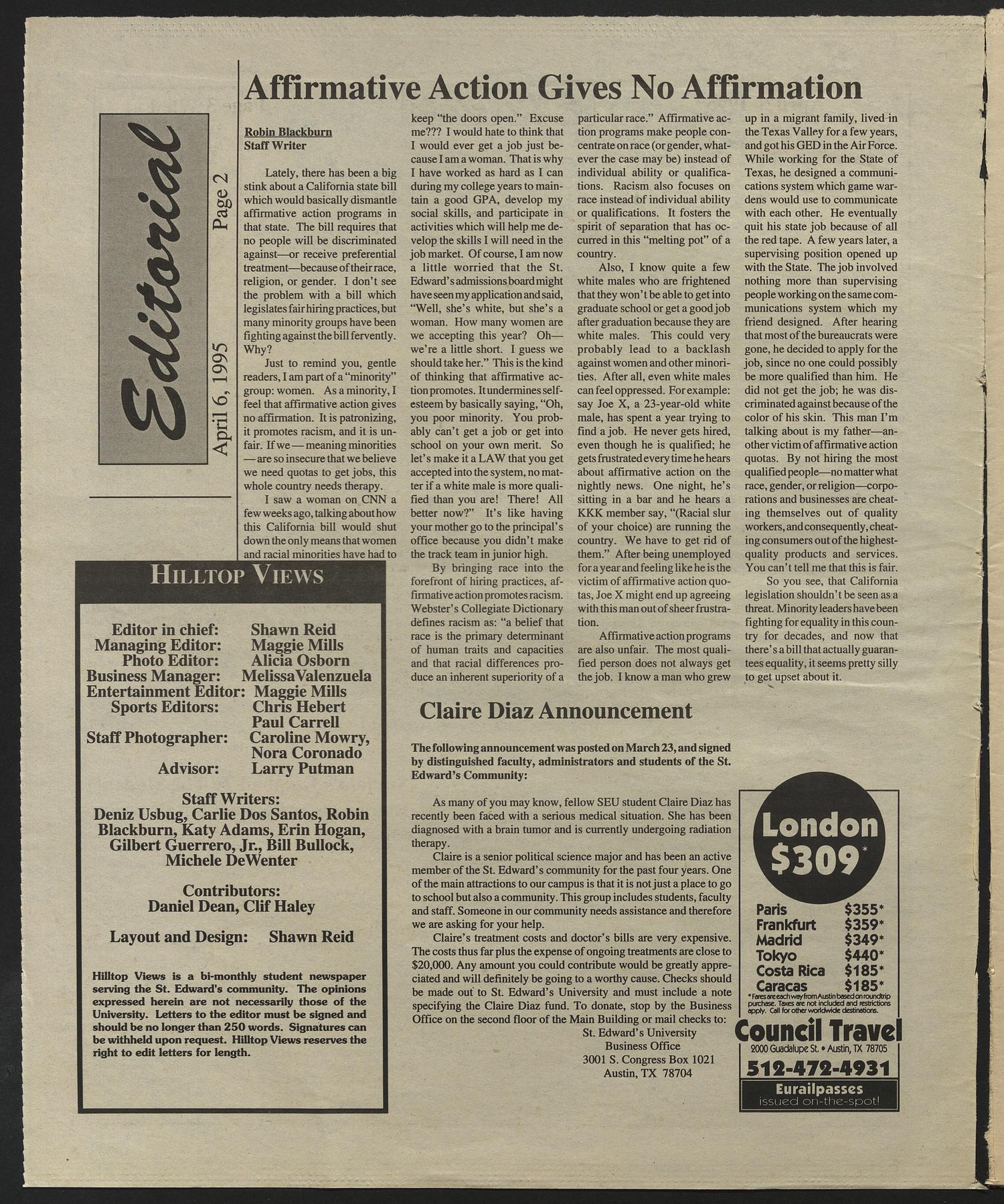 Hilltop Views (Austin, Tex.), Vol. 9, No. 15, Ed. 1 Thursday, April 6, 1995
                                                
                                                    [Sequence #]: 2 of 16
                                                