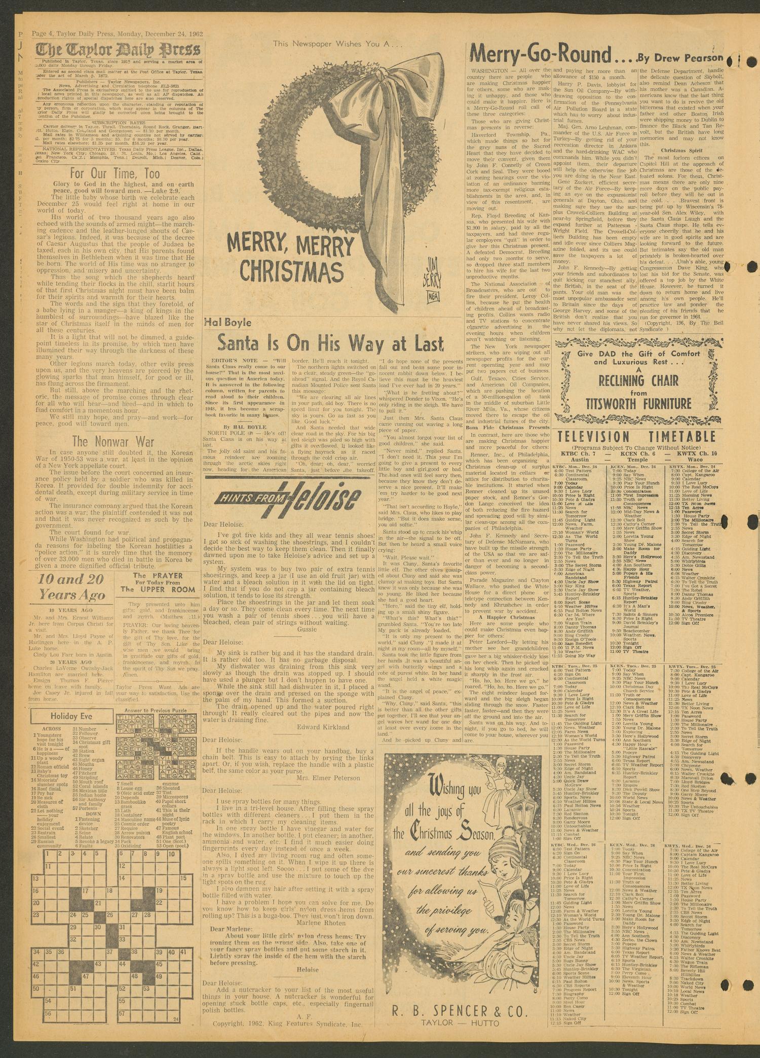 The Taylor Daily Press (Taylor, Tex.), Vol. 49, No. 300, Ed. 1 Monday, December 24, 1962
                                                
                                                    [Sequence #]: 4 of 24
                                                