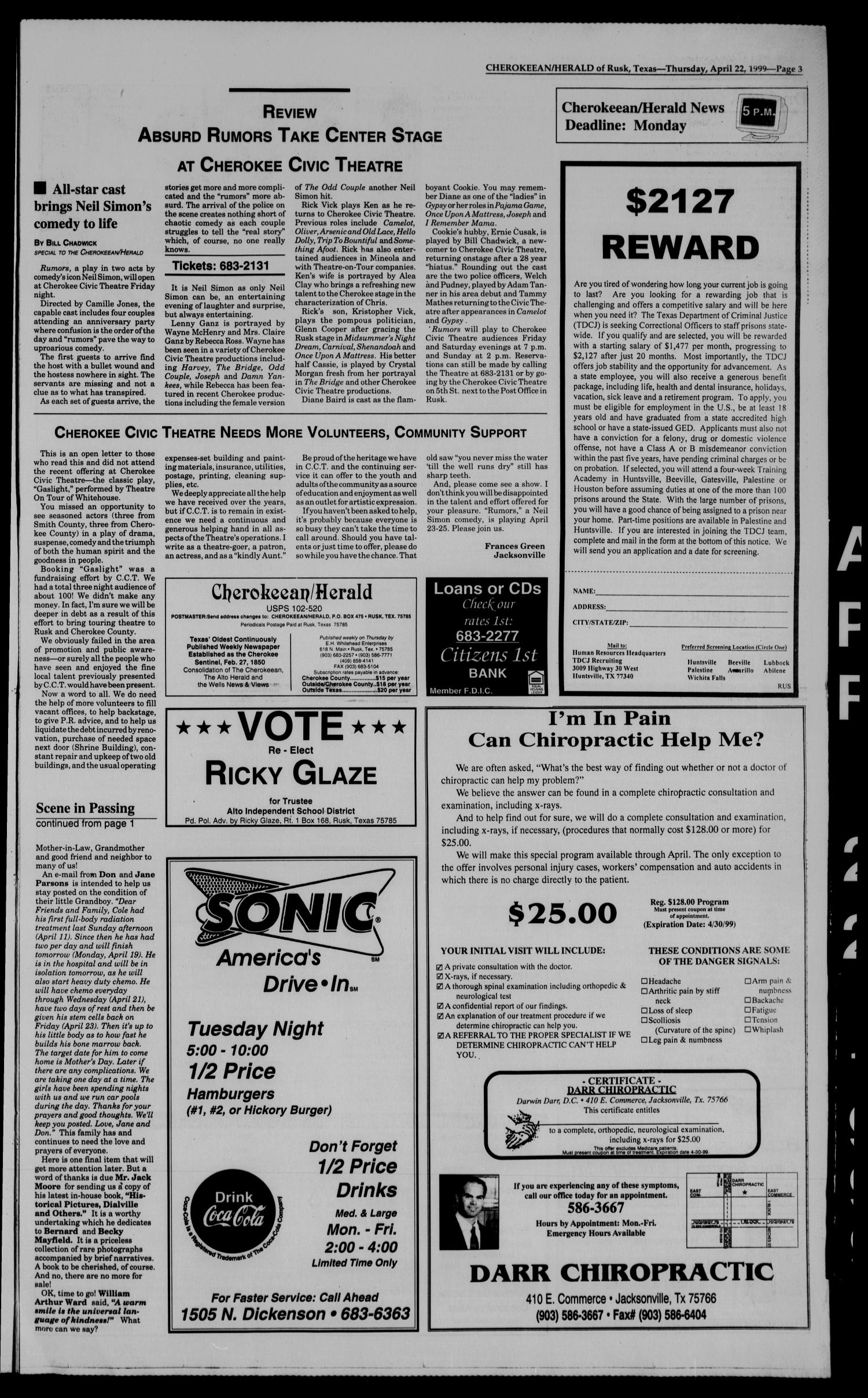Cherokeean/Herald (Rusk, Tex.), Vol. 150, No. 9, Ed. 1 Thursday, April 22, 1999
                                                
                                                    [Sequence #]: 3 of 14
                                                
