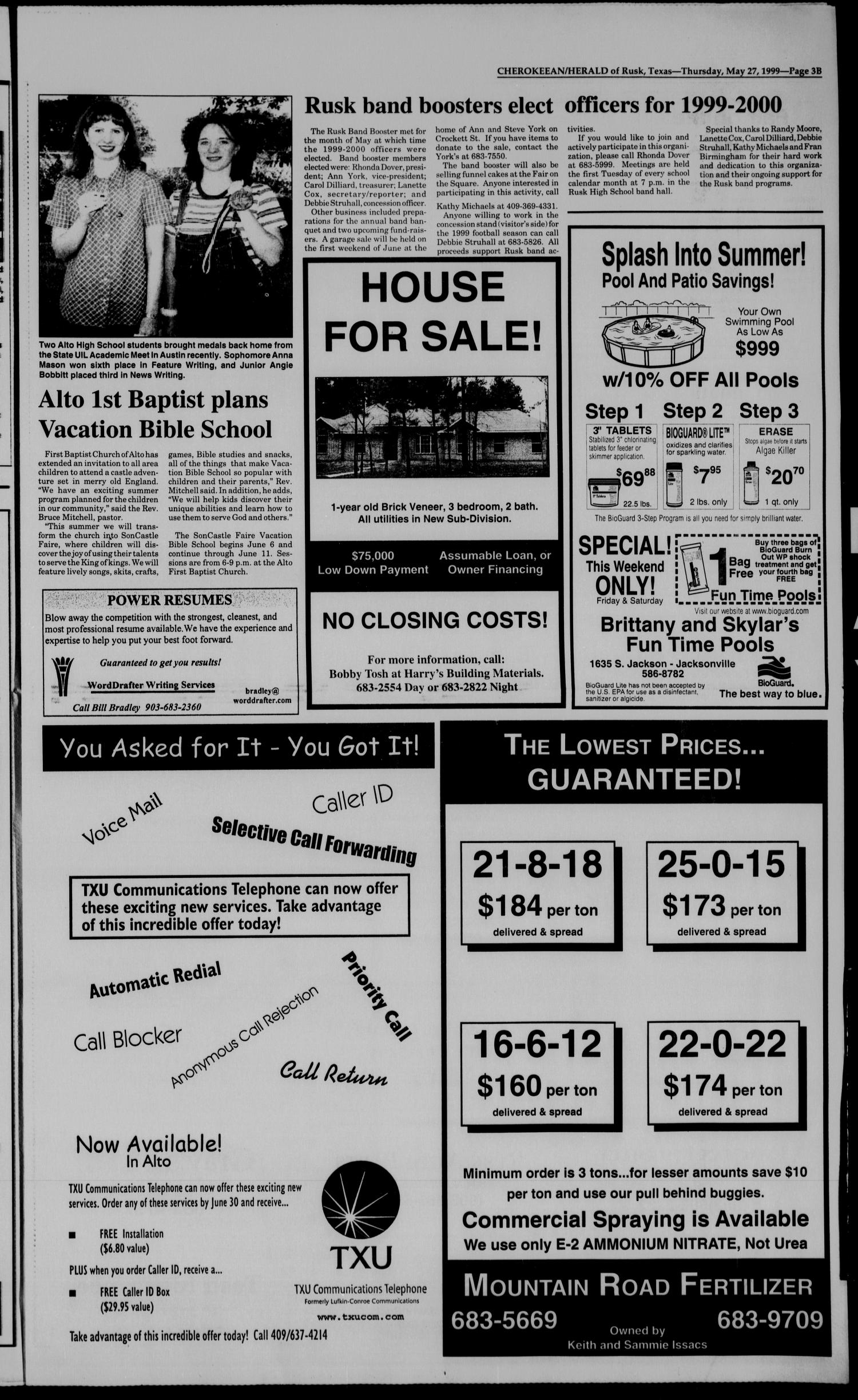 Cherokeean/Herald (Rusk, Tex.), Vol. 150, No. 14, Ed. 1 Thursday, May 27, 1999
                                                
                                                    [Sequence #]: 13 of 50
                                                
