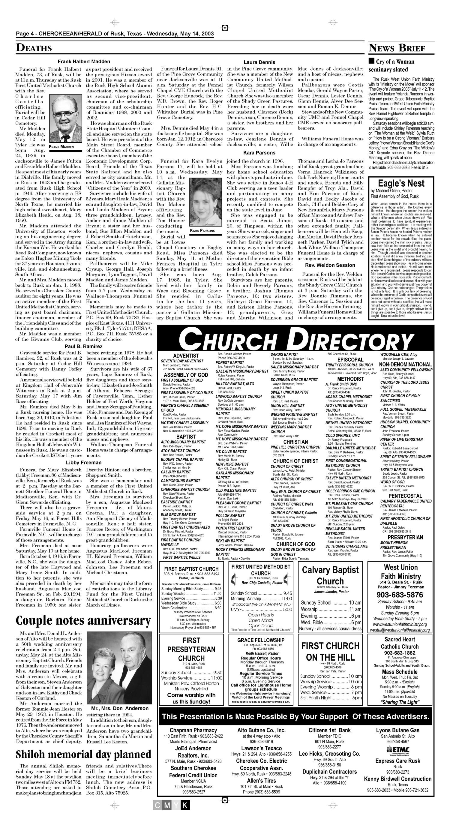 Cherokeean/Herald (Rusk, Tex.), Vol. 154, No. 12, Ed. 1 Wednesday, May 14, 2003
                                                
                                                    [Sequence #]: 4 of 14
                                                