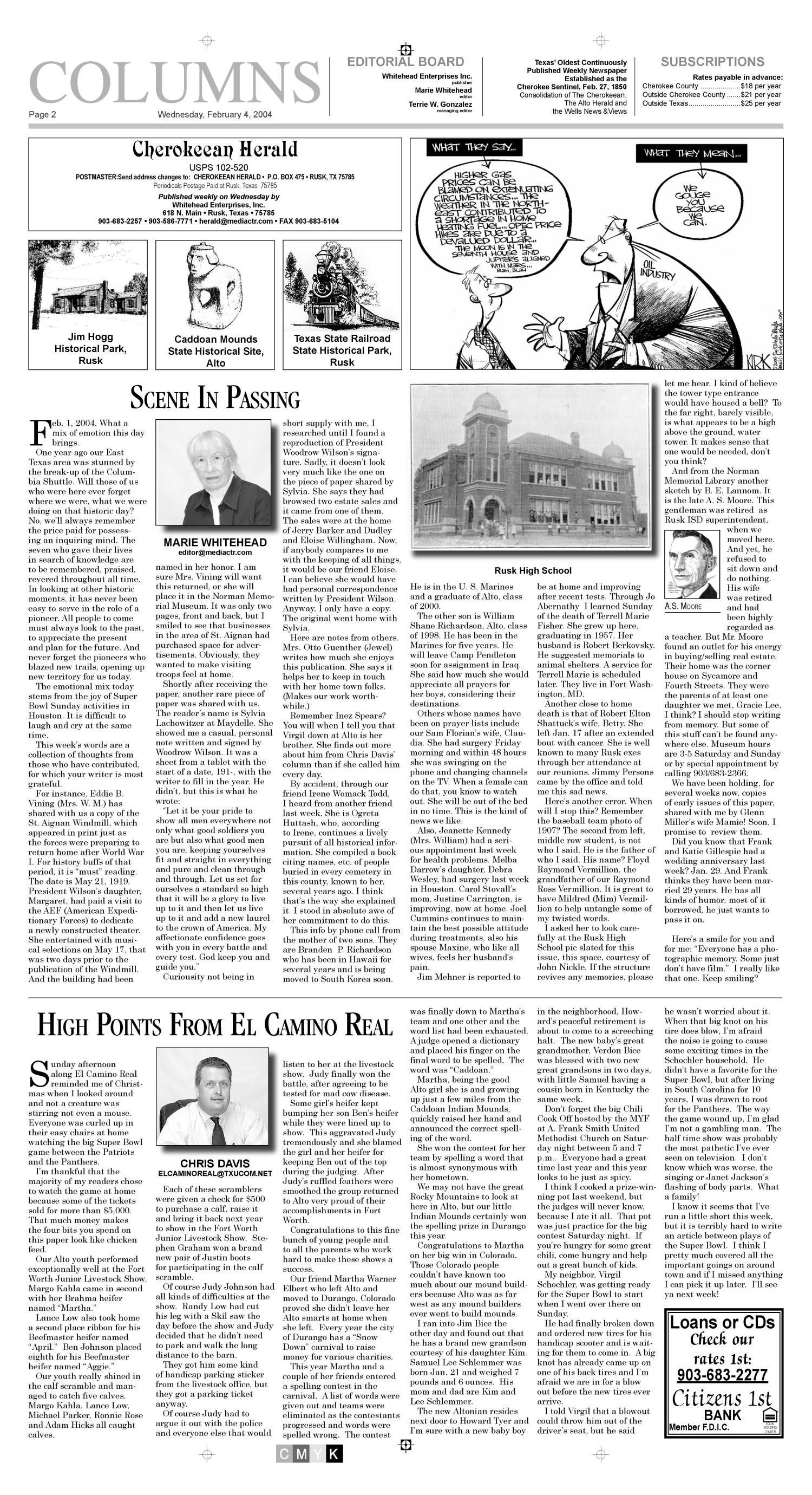 Cherokeean Herald (Rusk, Tex.), Vol. 154, No. 50, Ed. 1 Wednesday, February 4, 2004
                                                
                                                    [Sequence #]: 2 of 20
                                                