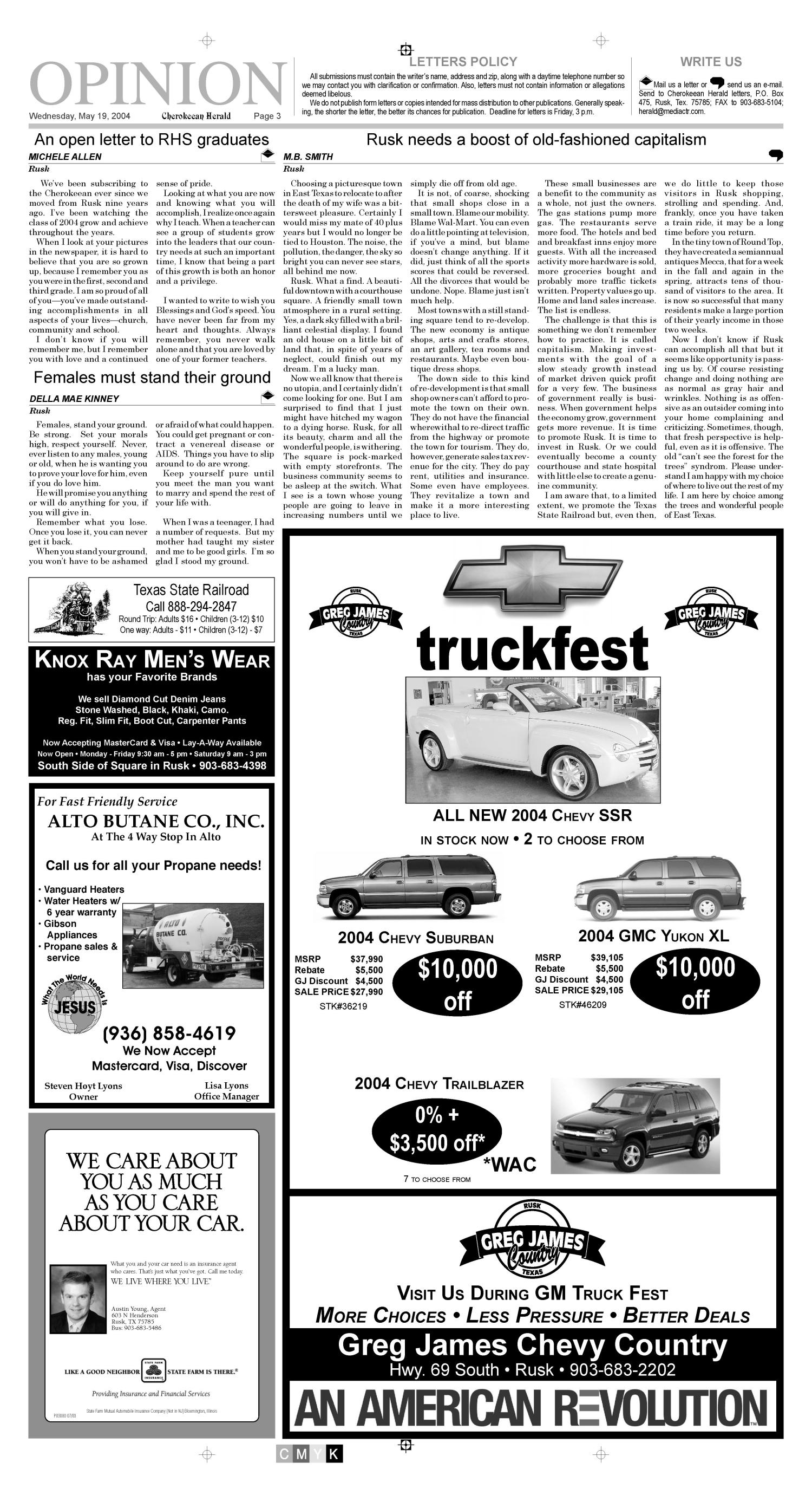 Cherokeean Herald (Rusk, Tex.), Vol. 155, No. 13, Ed. 1 Wednesday, May 19, 2004
                                                
                                                    [Sequence #]: 3 of 16
                                                