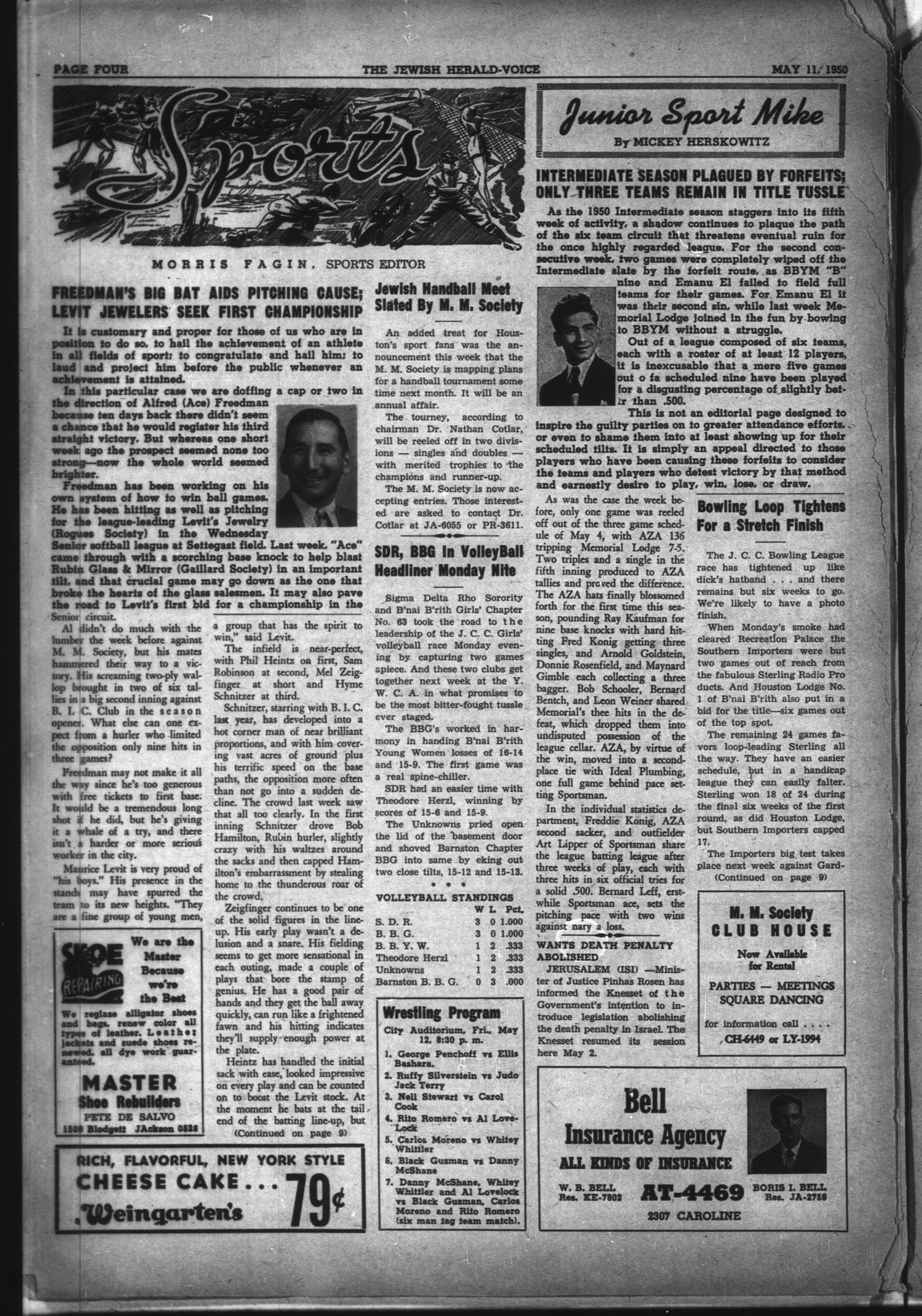 The Jewish Herald-Voice (Houston, Tex.), Vol. 45, No. 7, Ed. 1 Thursday, May 11, 1950
                                                
                                                    [Sequence #]: 4 of 12
                                                