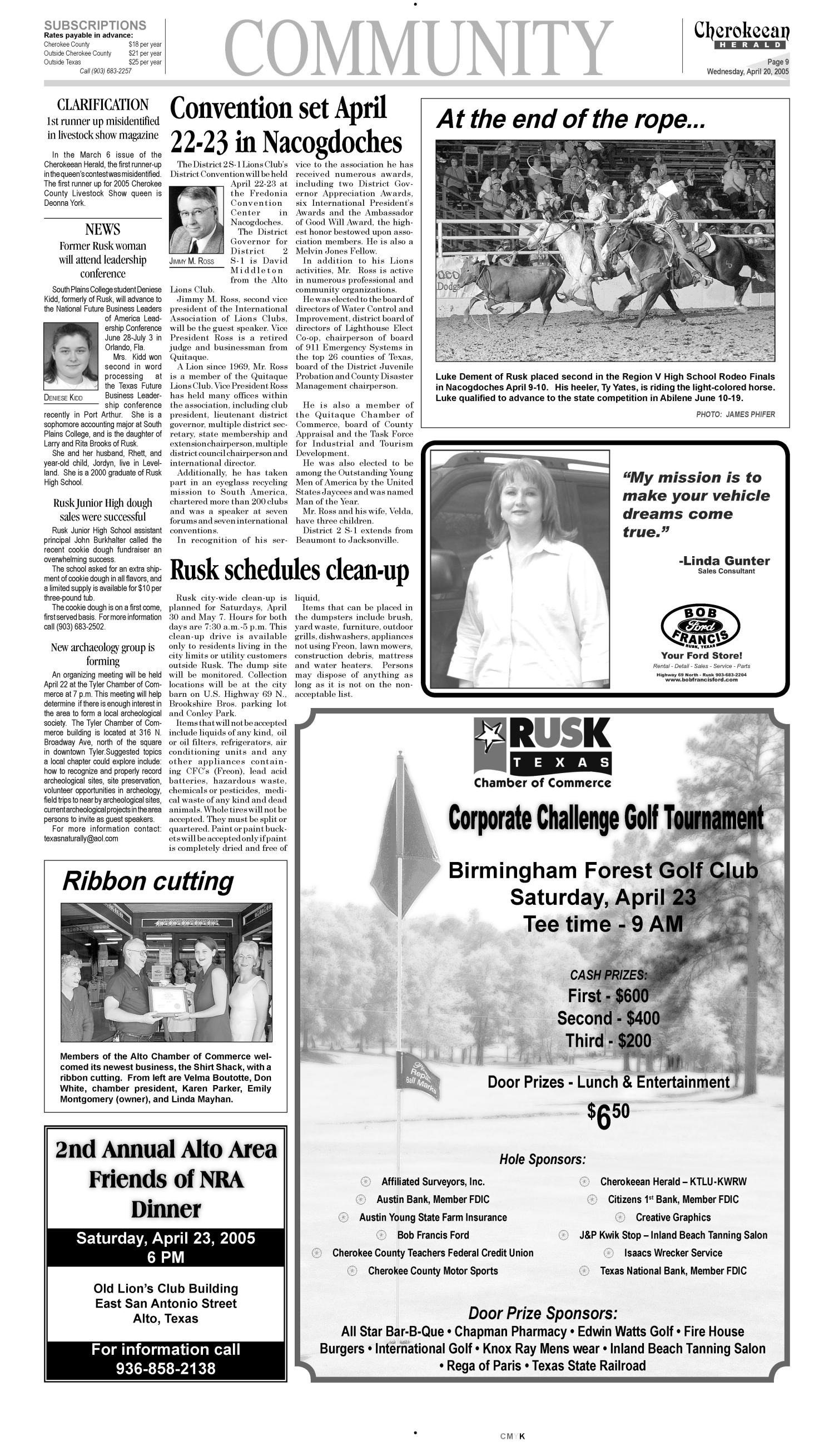 Cherokeean Herald (Rusk, Tex.), Vol. 156, No. 9, Ed. 1 Wednesday, April 20, 2005
                                                
                                                    [Sequence #]: 9 of 20
                                                