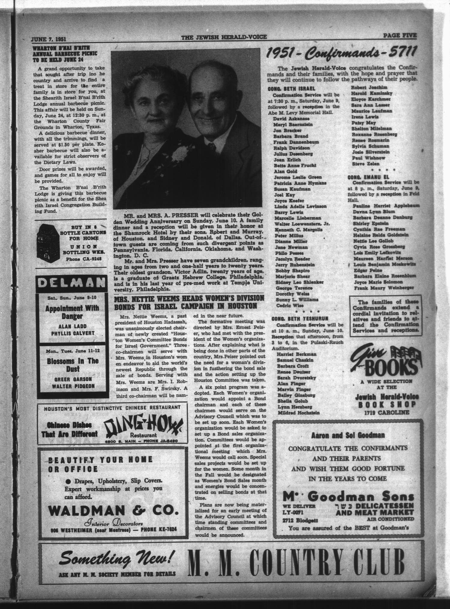 The Jewish Herald-Voice (Houston, Tex.), Vol. 46, No. 8, Ed. 1 Thursday, June 7, 1951
                                                
                                                    [Sequence #]: 5 of 12
                                                