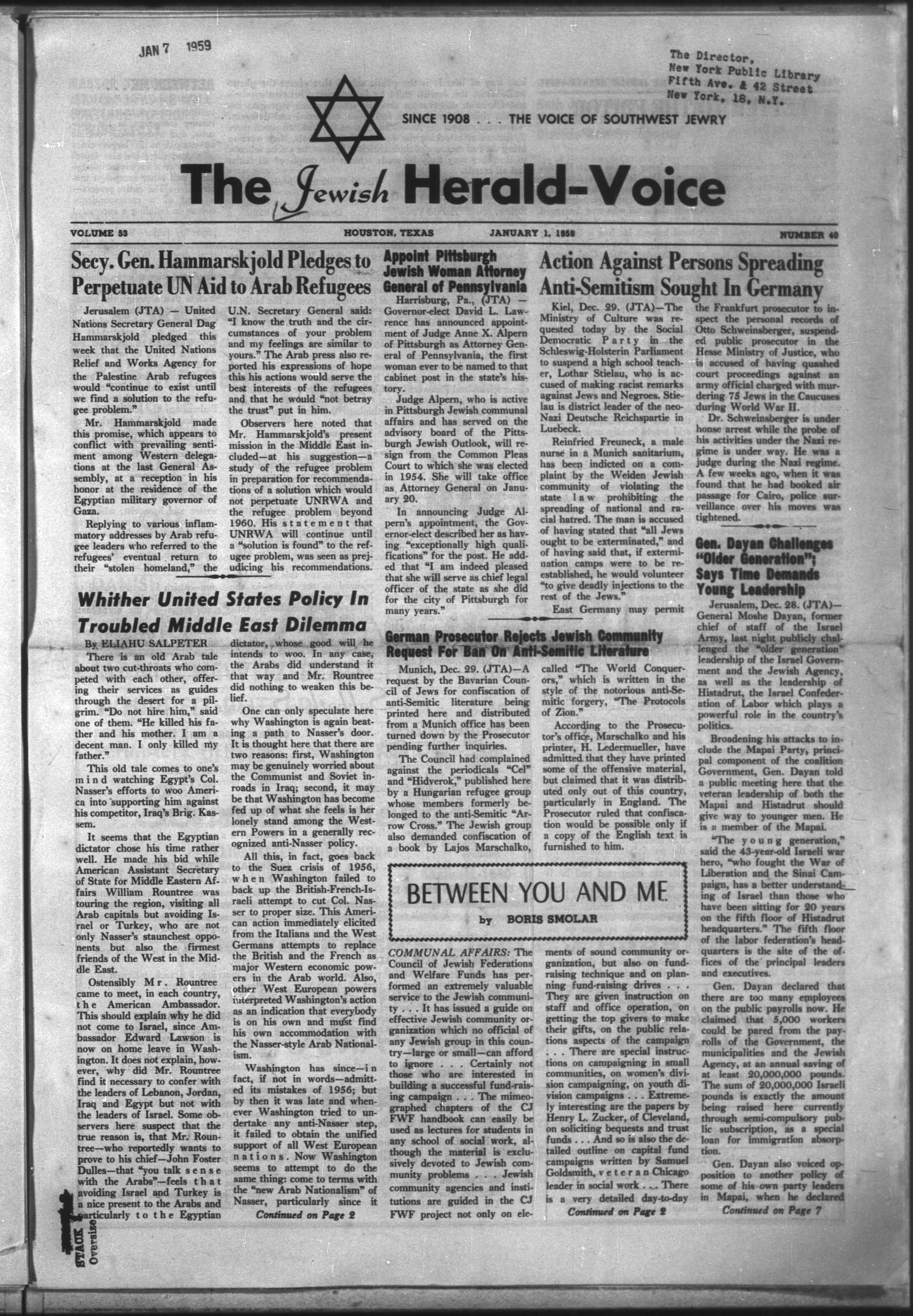The Jewish Herald-Voice (Houston, Tex.), Vol. 53, No. 40, Ed. 1 Thursday, January 1, 1959
                                                
                                                    [Sequence #]: 1 of 8
                                                