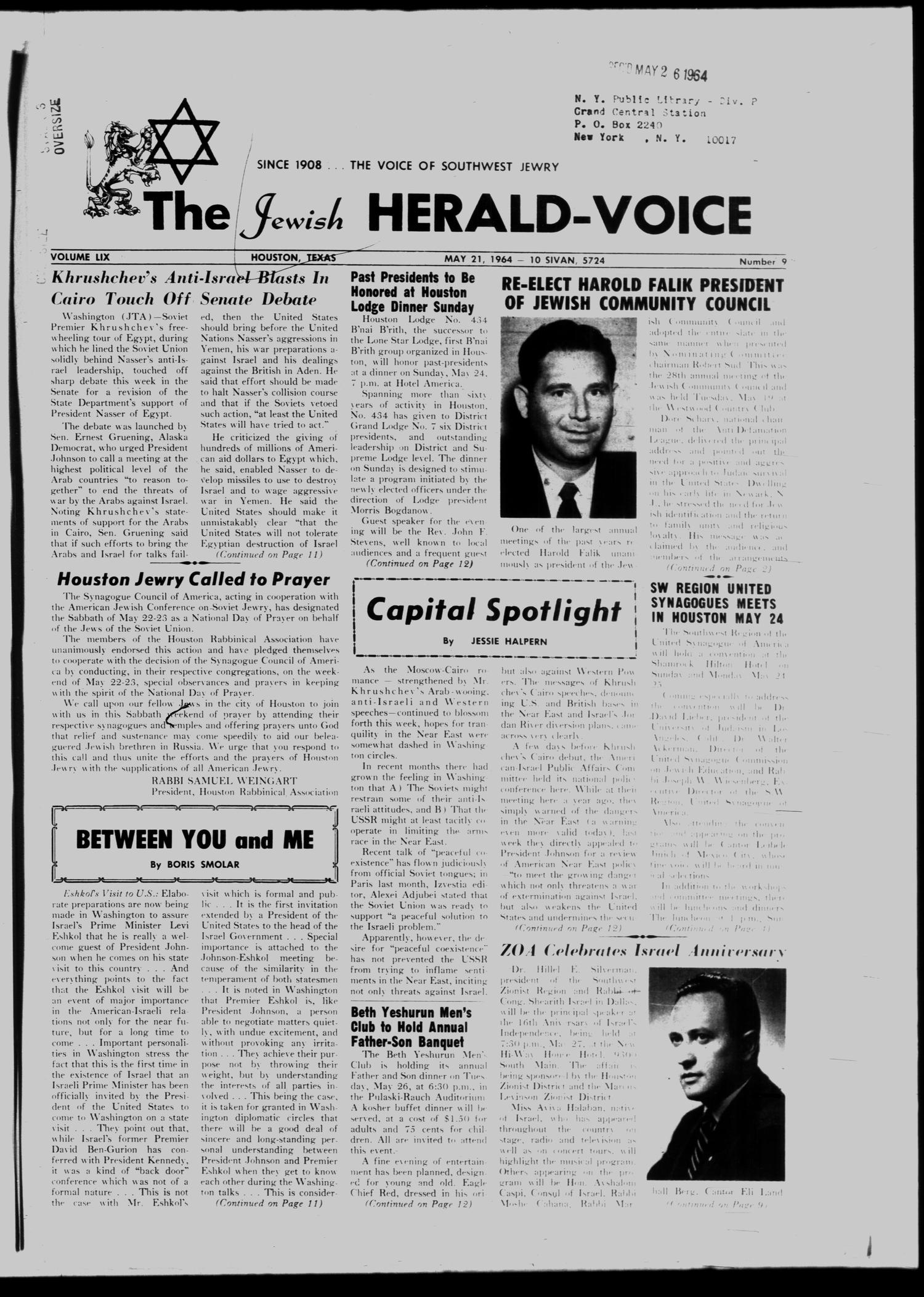 The Jewish Herald-Voice (Houston, Tex.), Vol. 59, No. 9, Ed. 1 Thursday, May 21, 1964
                                                
                                                    [Sequence #]: 1 of 12
                                                