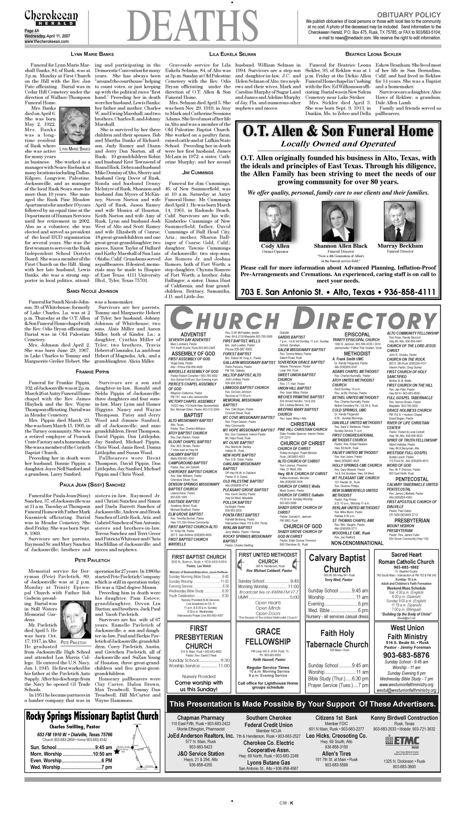 Cherokeean Herald (Rusk, Tex.), Vol. 158, No. 7, Ed. 1 Wednesday, April 11, 2007
                                                
                                                    [Sequence #]: 3 of 14
                                                