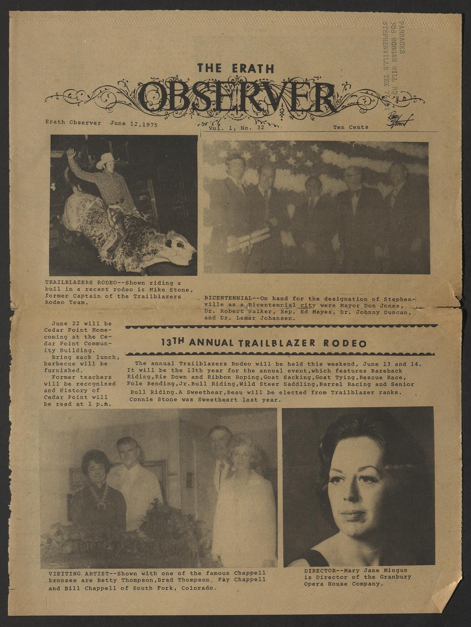 The Erath Observer (Stephenville, Tex.), Vol. 1, No. 32, Ed. 1 Thursday, June 12, 1975
                                                
                                                    [Sequence #]: 1 of 12
                                                