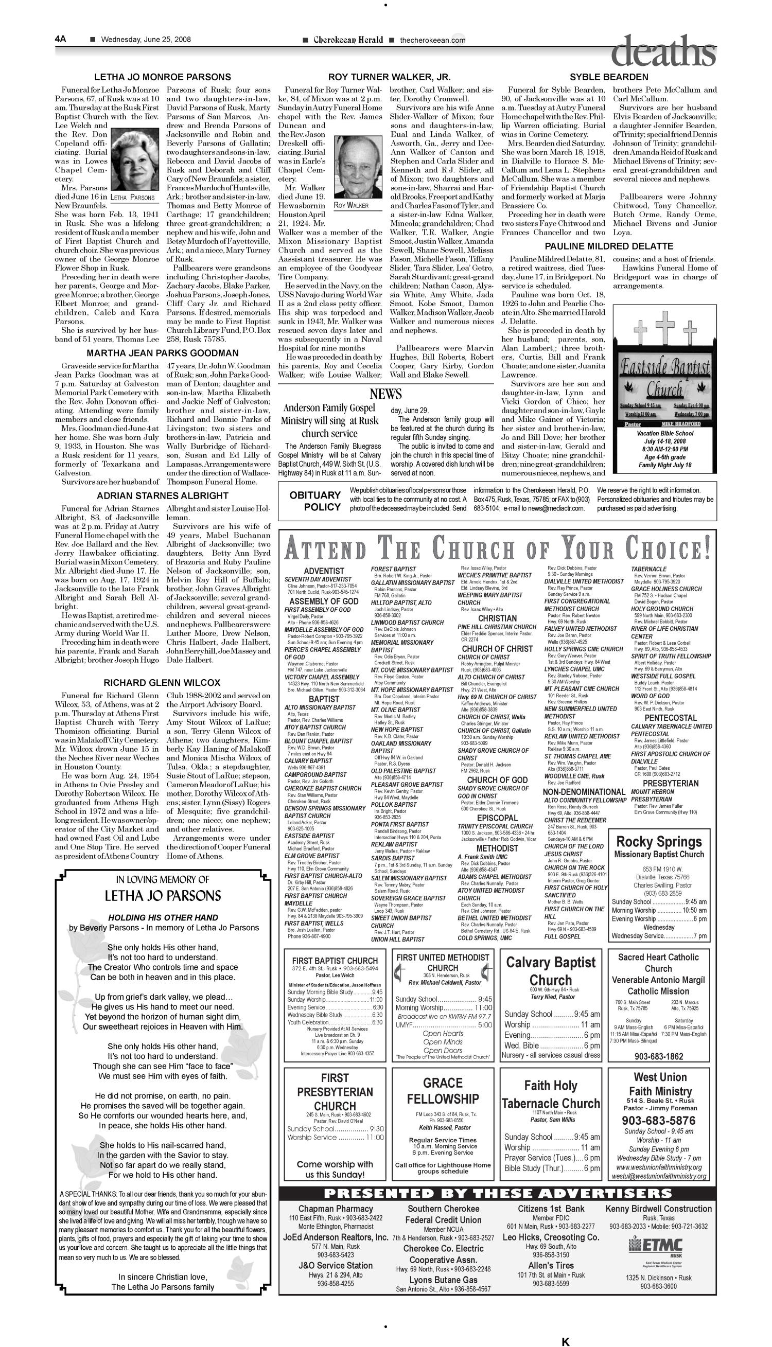 Cherokeean Herald (Rusk, Tex.), Vol. 159, No. 18, Ed. 1 Wednesday, June 25, 2008
                                                
                                                    [Sequence #]: 4 of 16
                                                