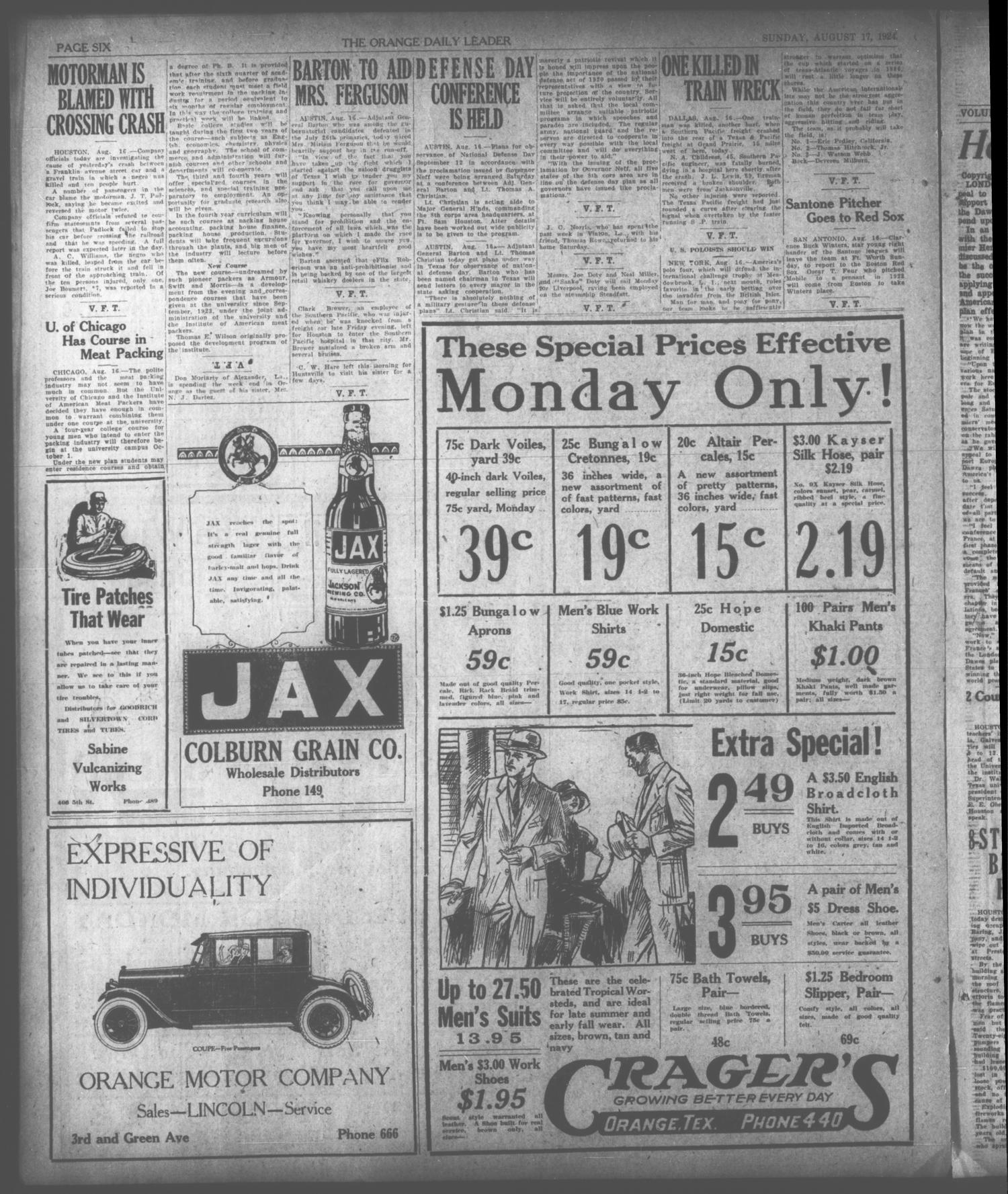 The Daily Leader (Orange, Tex.), Vol. 10, No. 195, Ed. 1 Sunday, August 17, 1924
                                                
                                                    [Sequence #]: 6 of 6
                                                