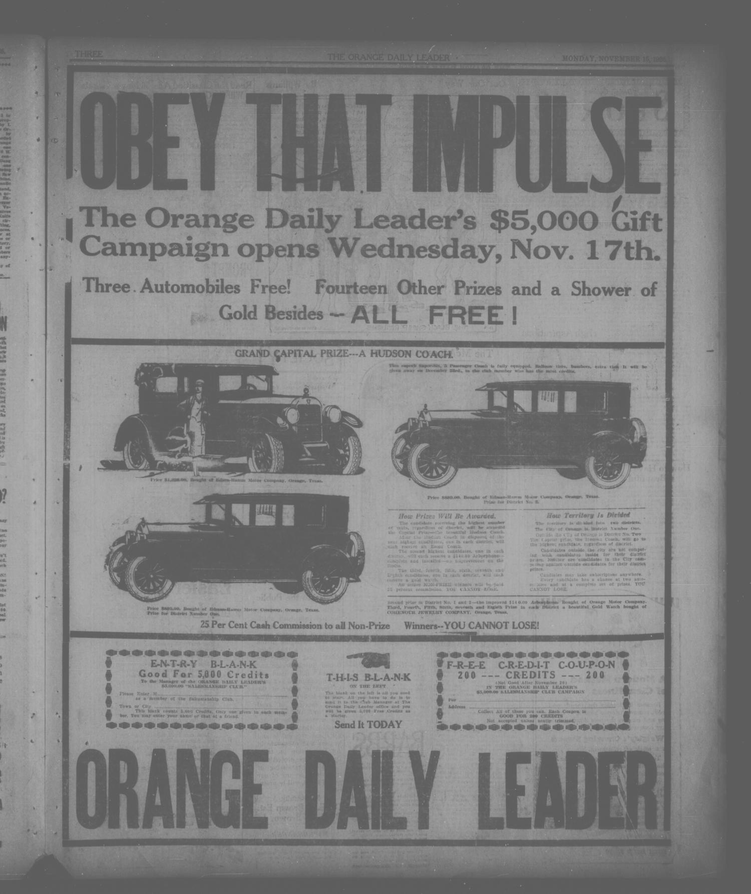 The Orange Daily Leader (Orange, Tex.), Vol. 12, No. 117, Ed. 1 Monday, November 15, 1926
                                                
                                                    [Sequence #]: 3 of 4
                                                