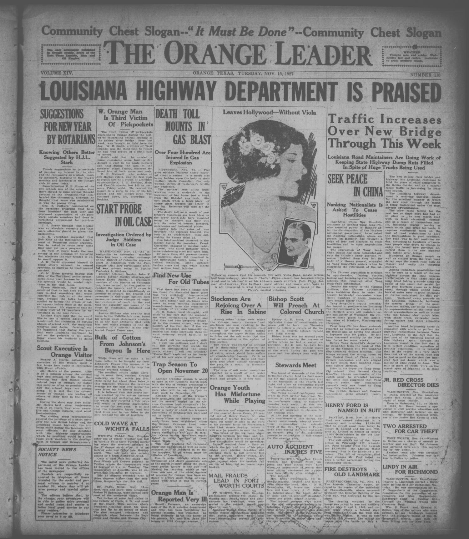 The Orange Leader (Orange, Tex.), Vol. 14, No. 118, Ed. 1 Tuesday, November 15, 1927
                                                
                                                    [Sequence #]: 1 of 4
                                                