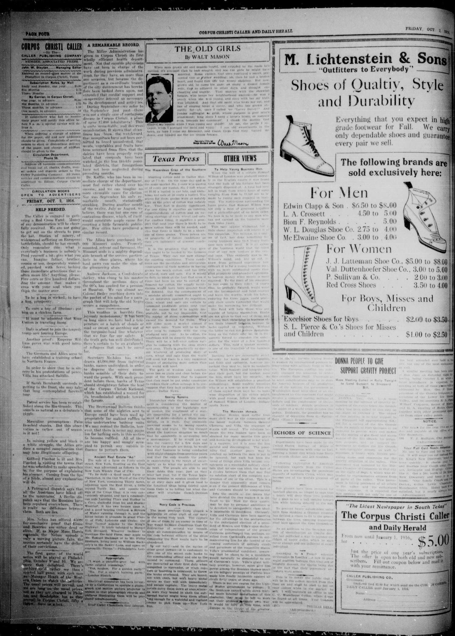 Corpus Christi Caller and Daily Herald (Corpus Christi, Tex.), Vol. SIXTEEN, No. 255, Ed. 1, Friday, October 2, 1914
                                                
                                                    [Sequence #]: 4 of 8
                                                