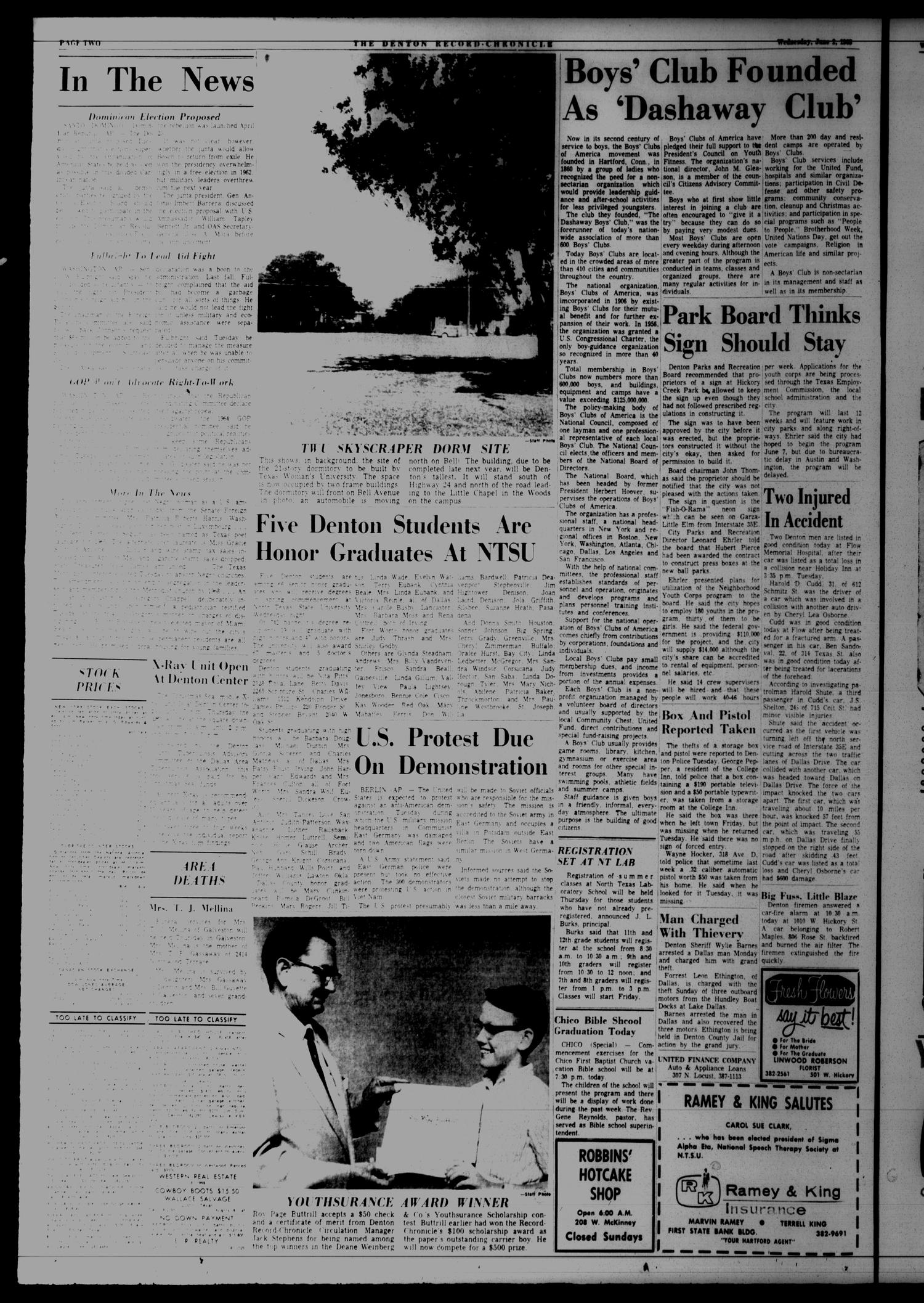 Denton Record-Chronicle (Denton, Tex.), Vol. 62, No. 252, Ed. 1 Wednesday, June 2, 1965
                                                
                                                    [Sequence #]: 2 of 16
                                                