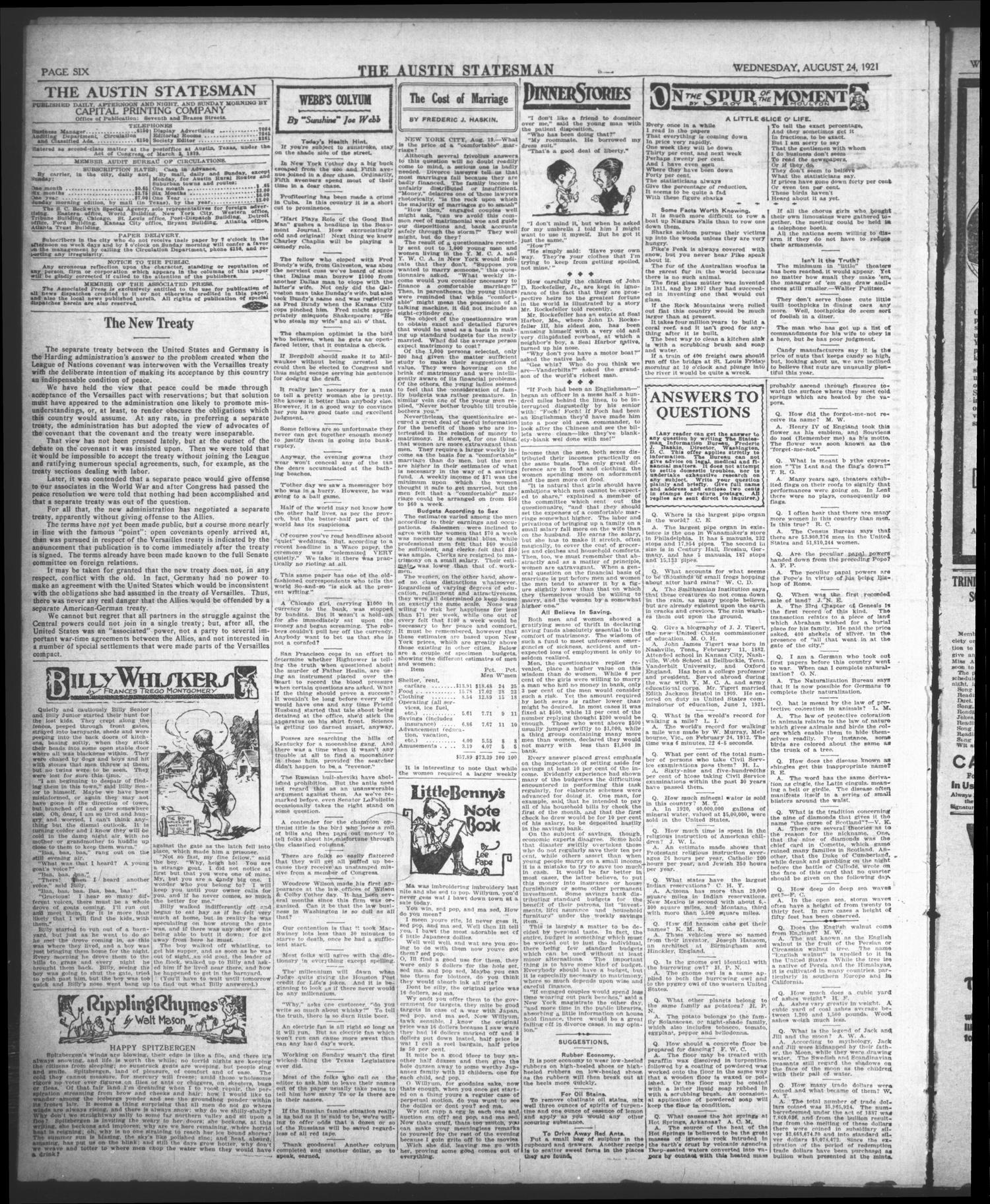 The Austin Statesman (Austin, Tex.), Vol. 50, No. 82, Ed. 1 Wednesday, August 24, 1921
                                                
                                                    [Sequence #]: 6 of 10
                                                