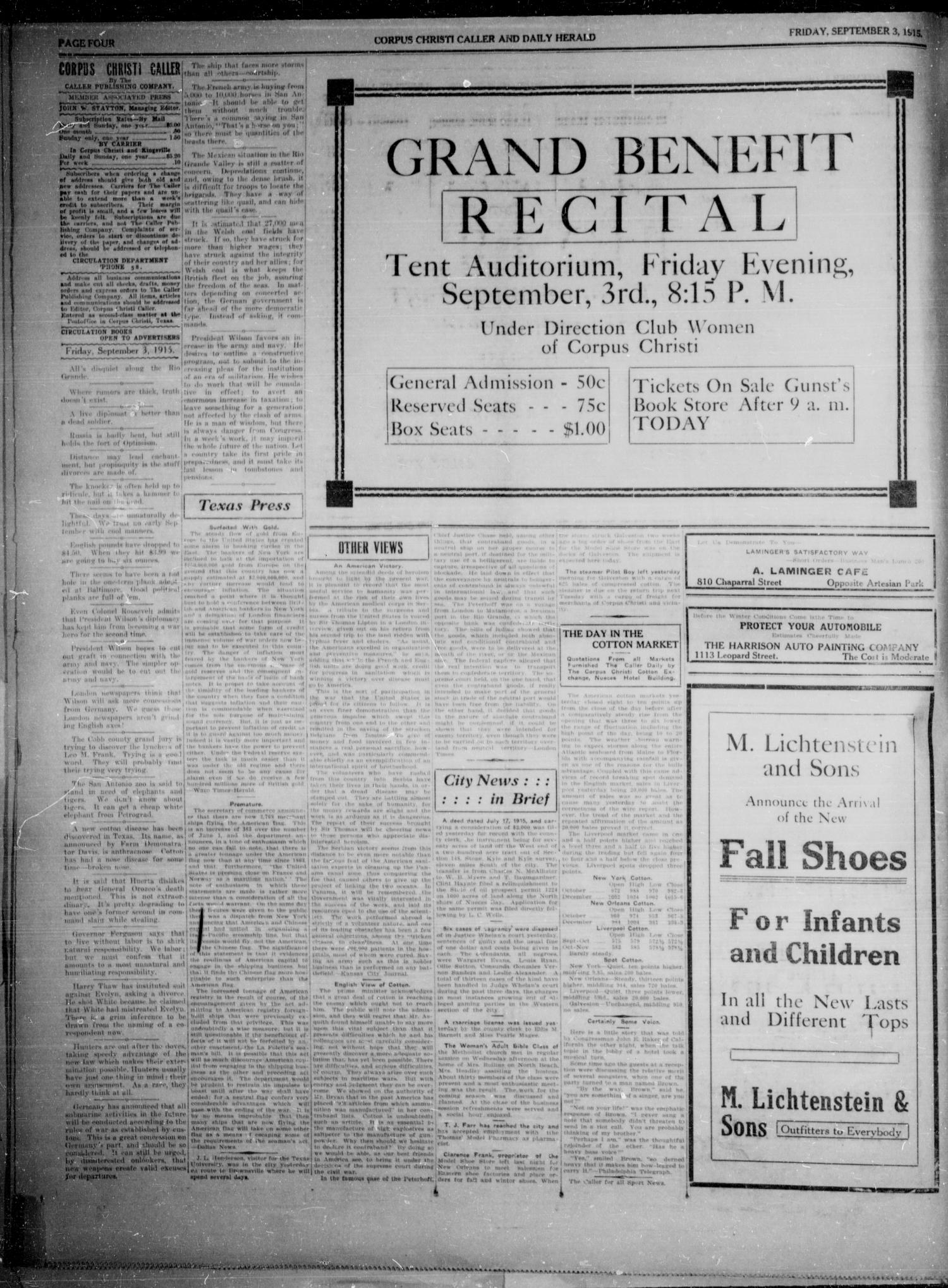 Corpus Christi Caller and Daily Herald (Corpus Christi, Tex.), Vol. SEVENTEEN, No. 234, Ed. 1, Friday, September 3, 1915
                                                
                                                    [Sequence #]: 4 of 6
                                                