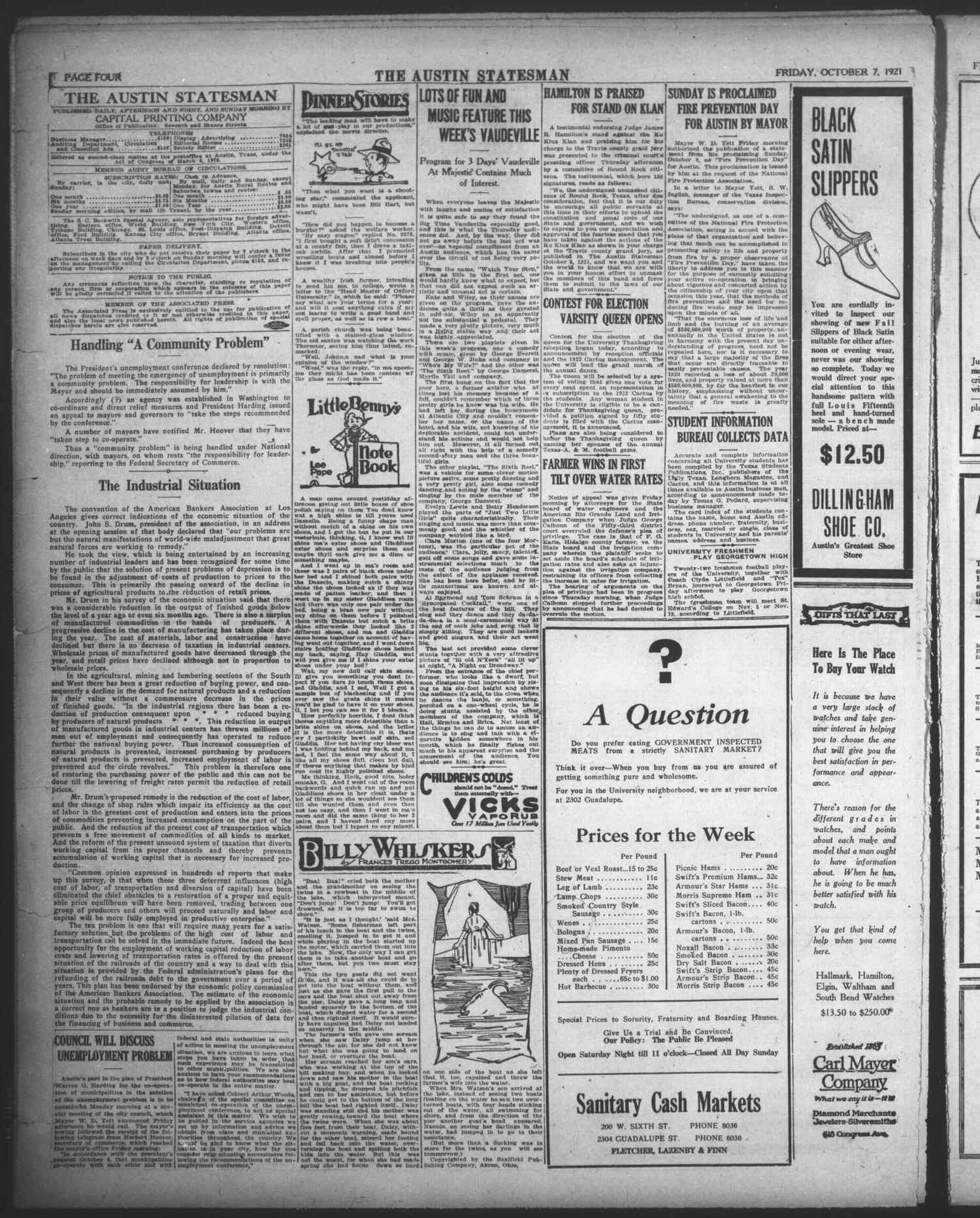 The Austin Statesman (Austin, Tex.), Vol. 50, No. 127, Ed. 1 Friday, October 7, 1921
                                                
                                                    [Sequence #]: 4 of 10
                                                