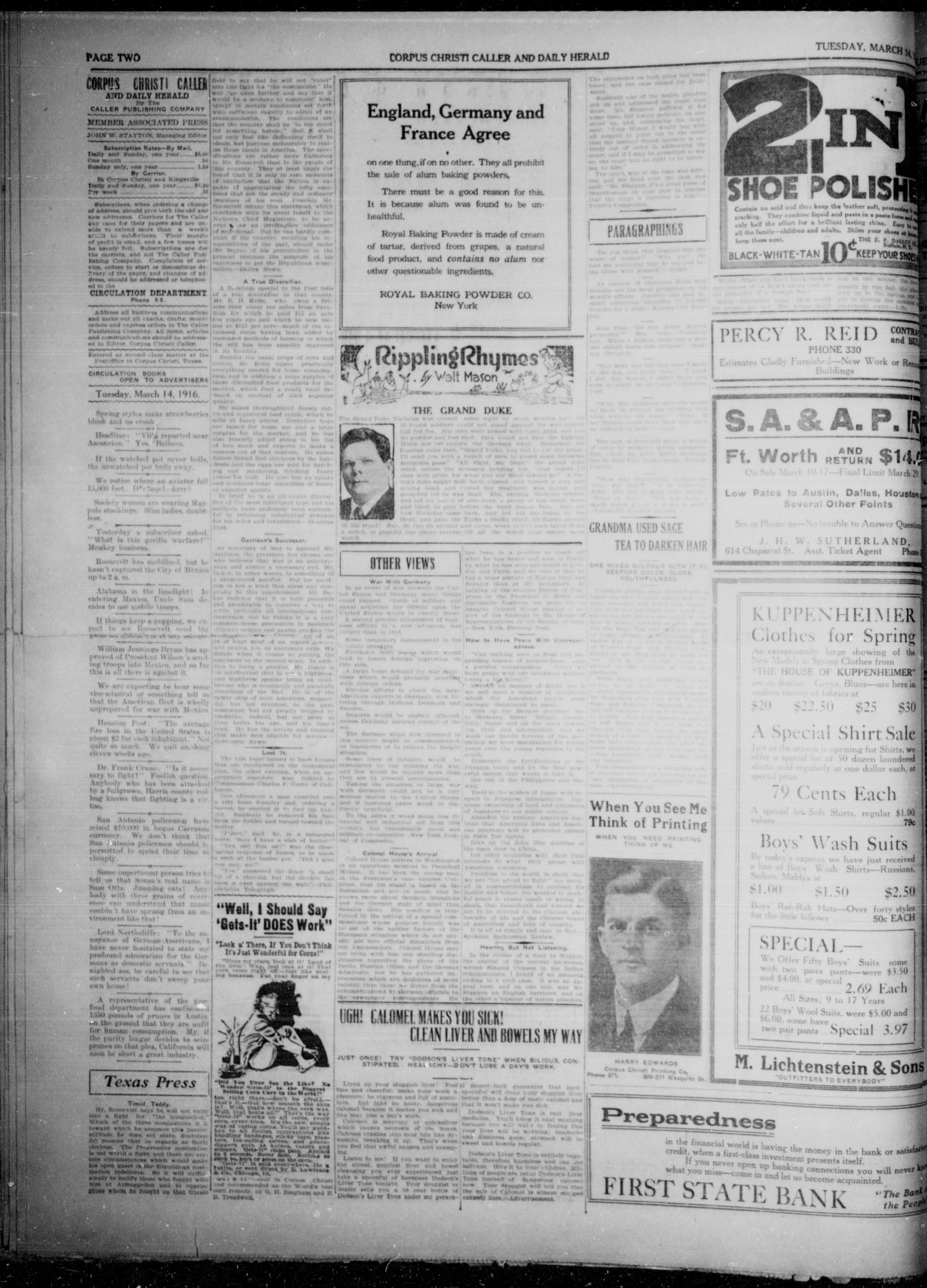 Corpus Christi Caller and Daily Herald (Corpus Christi, Tex.), Vol. 18, No. 86, Ed. 1, Tuesday, March 14, 1916
                                                
                                                    [Sequence #]: 2 of 6
                                                