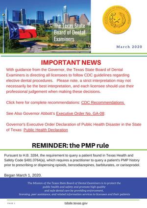 Primary view of object titled 'Texas State Board of Dental Examiners Newsletter, March 2020 [Revised]'.