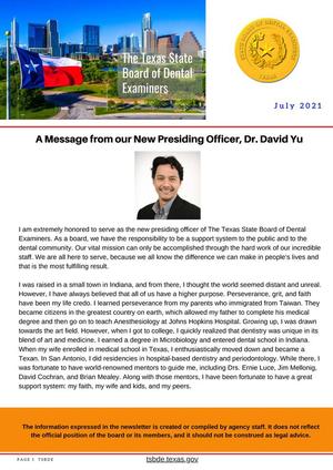 Texas State Board of Dental Examiners Newsletter, July 2021