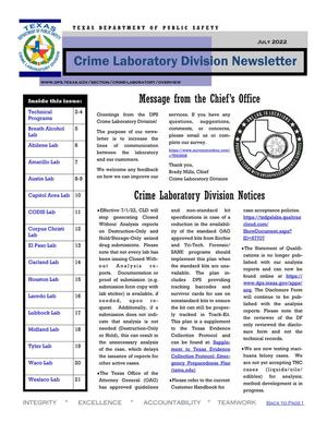 Primary view of object titled 'Crime Laboratory Division Newsletter, July 2022'.