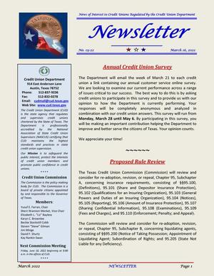 Primary view of object titled 'Credit Union Department Newsletter, Number 03-22, March 16, 2022'.