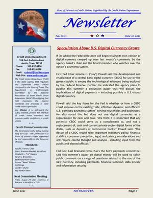 Primary view of object titled 'Credit Union Department Newsletter, Number 06-21, June 16, 2021'.
