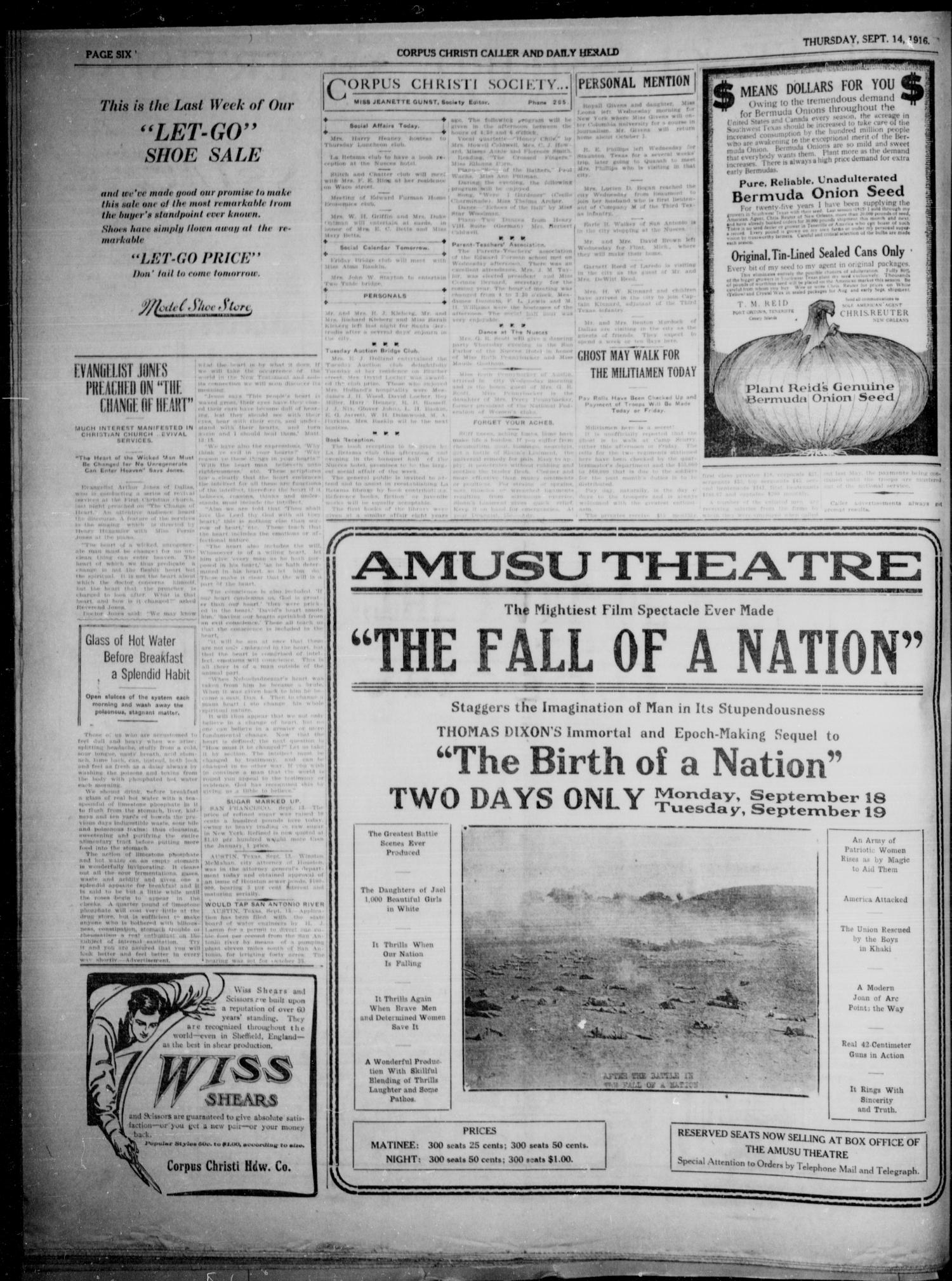 Corpus Christi Caller and Daily Herald (Corpus Christi, Tex.), Vol. 18, No. 244, Ed. 1, Thursday, September 14, 1916
                                                
                                                    [Sequence #]: 6 of 6
                                                