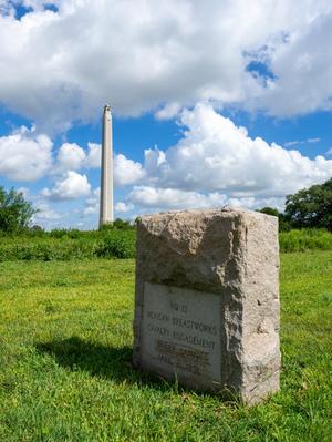 Primary view of object titled '[Mexican Breastworks - Granite Marker and San Jacinto Monument]'.