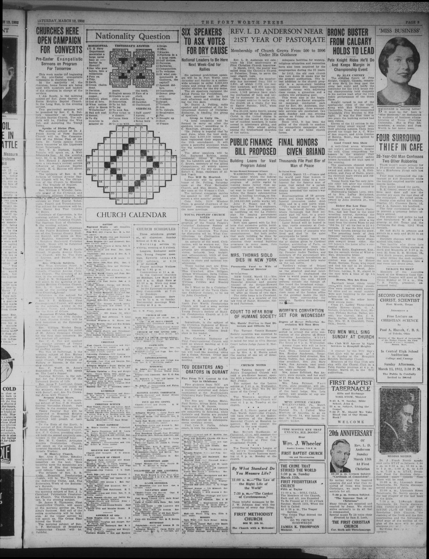 The Fort Worth Press (Fort Worth, Tex.), Vol. 11, No. 141, Ed. 1 Saturday, March 12, 1932
                                                
                                                    [Sequence #]: 3 of 10
                                                