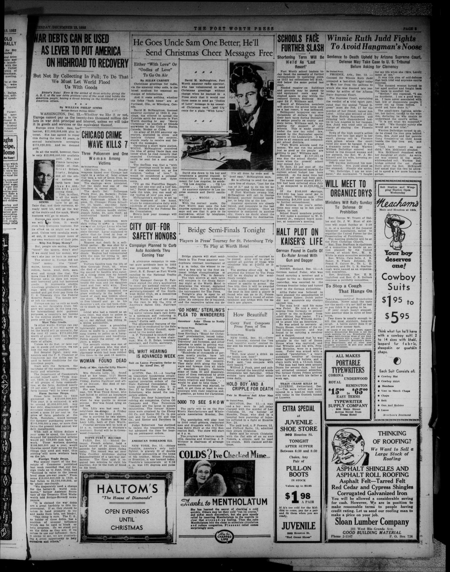 The Fort Worth Press (Fort Worth, Tex.), Vol. 12, No. 61, Ed. 1 Tuesday, December 13, 1932
                                                
                                                    [Sequence #]: 3 of 14
                                                